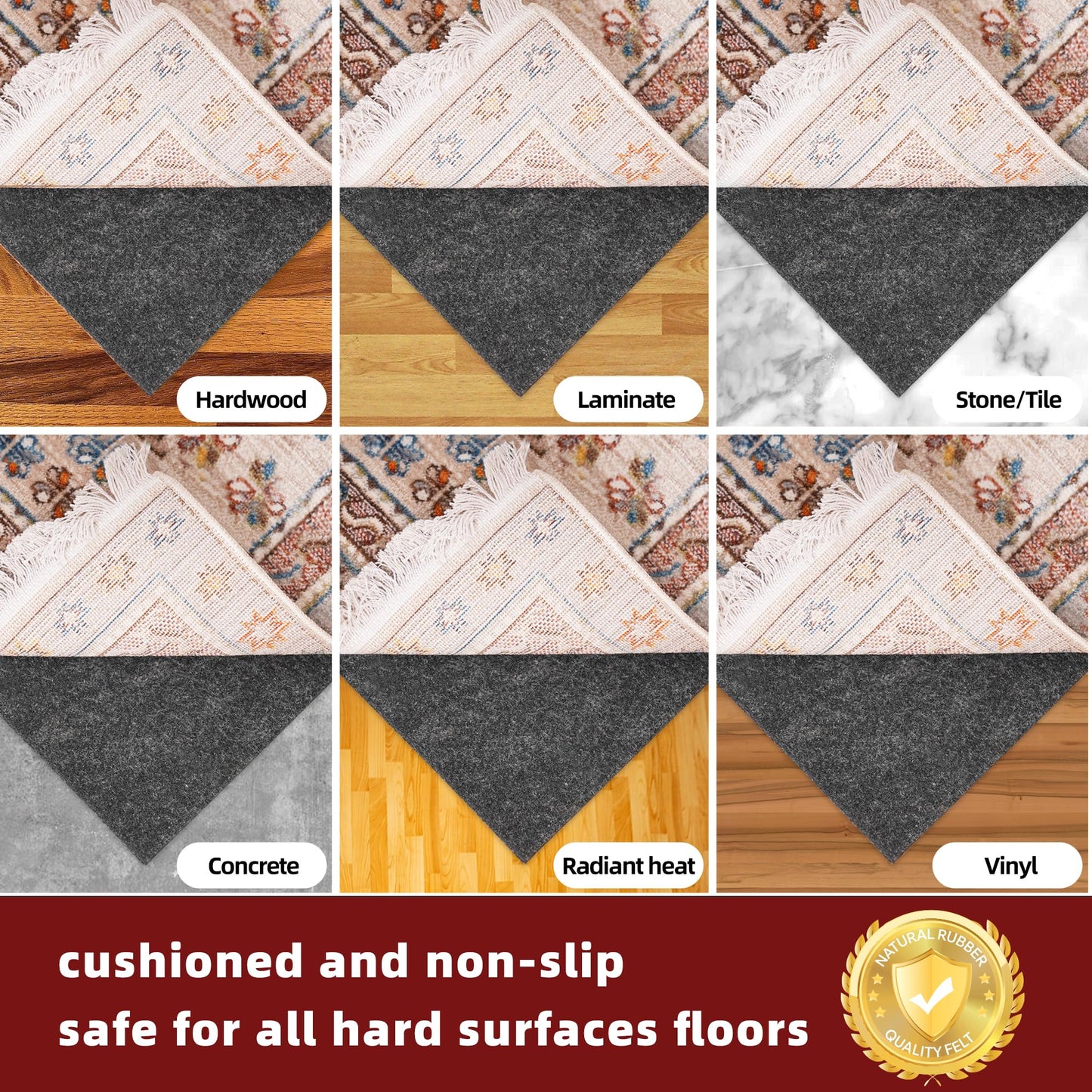 BAGAIL BASICS Felt and Natural Rubber Backing Rug Pads 1/4” Thick, 5 x 8 Ft Non Slip Carpet Gripper Keep Rugs in Place, Under Area Rug Cushioned Pads, Carpet Runners, Hardwood Floors Protection