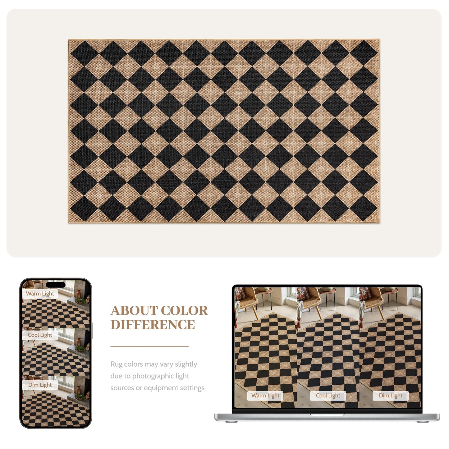 Dadasgk Checkered Easy Jute 3x5 Outdoor Patio Rug, Washable Non Slip Rugs for Entryway,Textured Diamond Indoor Outdoor Living Room Carpet, Farmhouse Neutral Black Door Rug for Backyard Bedroom