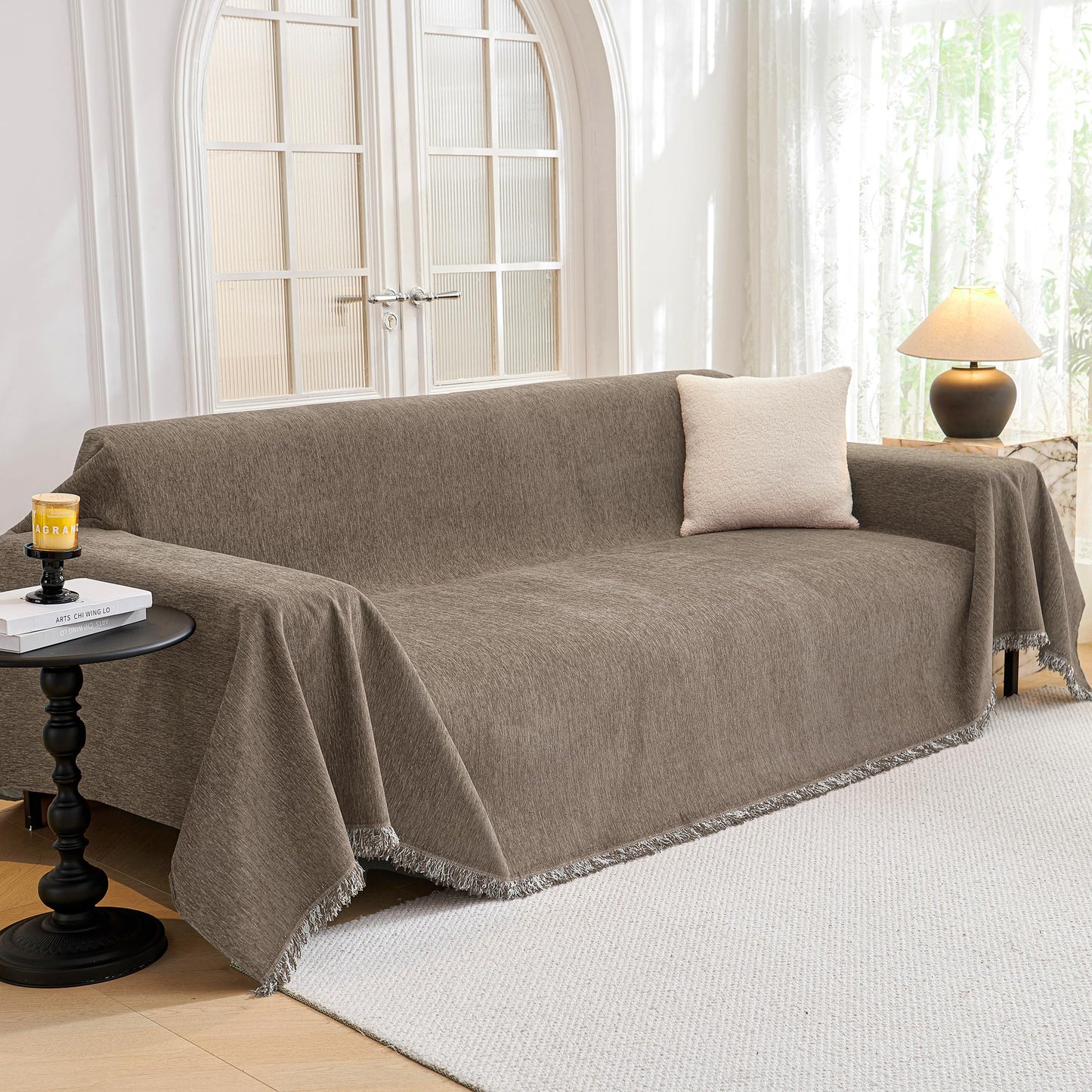 MYSKY HOME Couch Cover for Dogs, Washable Couch Covers, Non Slip Couch Sofa Cover, Couch Cover 2 Cushion Sofa Dogs Furniture Protector with Tassels Chenille Sofa Covers for Pets, 71"x118", Sand