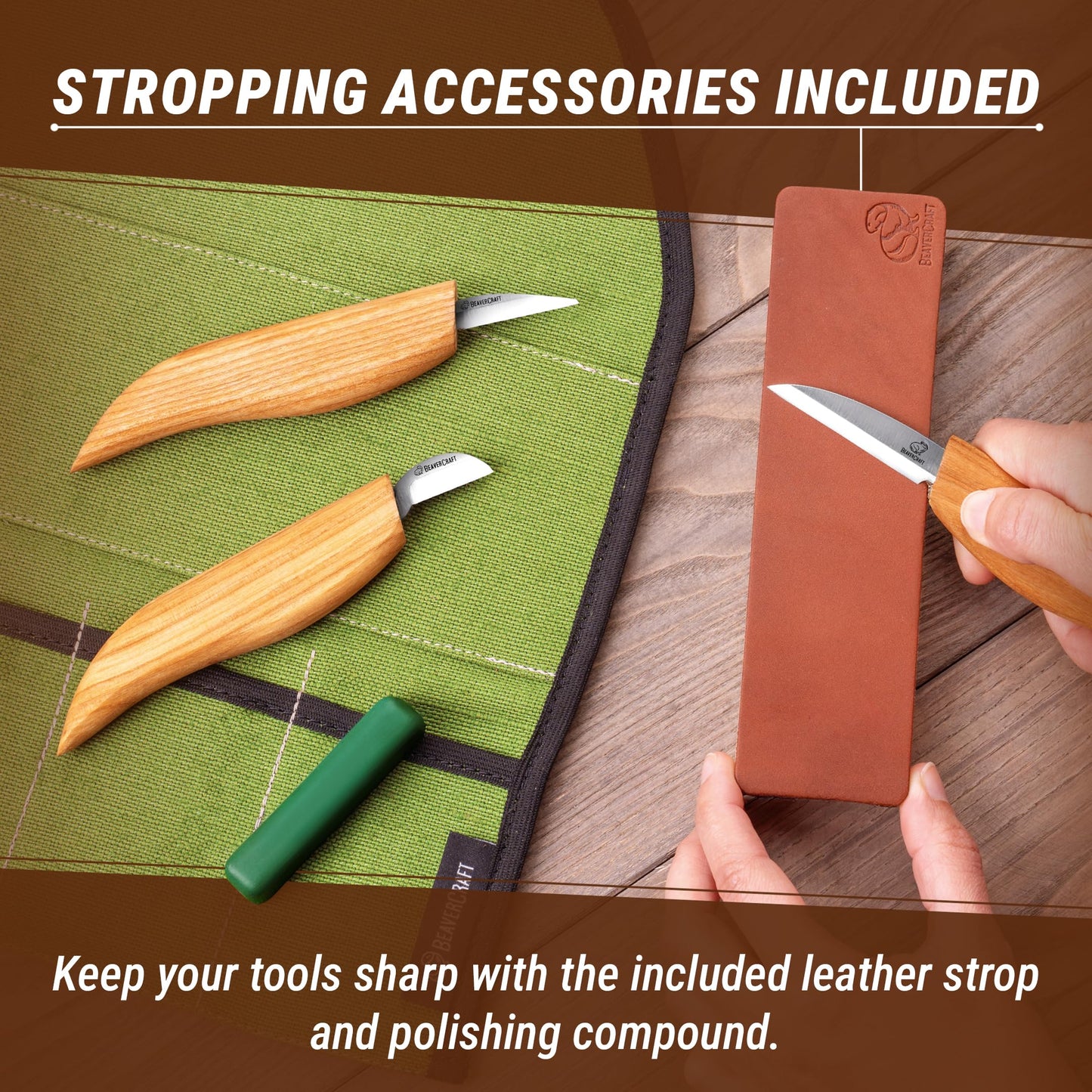 BeaverCraft Wood Carving Knife Kit for Beginners & Kids S15 – Whittling Knives Set with Sloyd, Chip Knife for Carvers – Wood Whittling Kit Includes Carving Tools, Leather Strop, Polishing Compound
