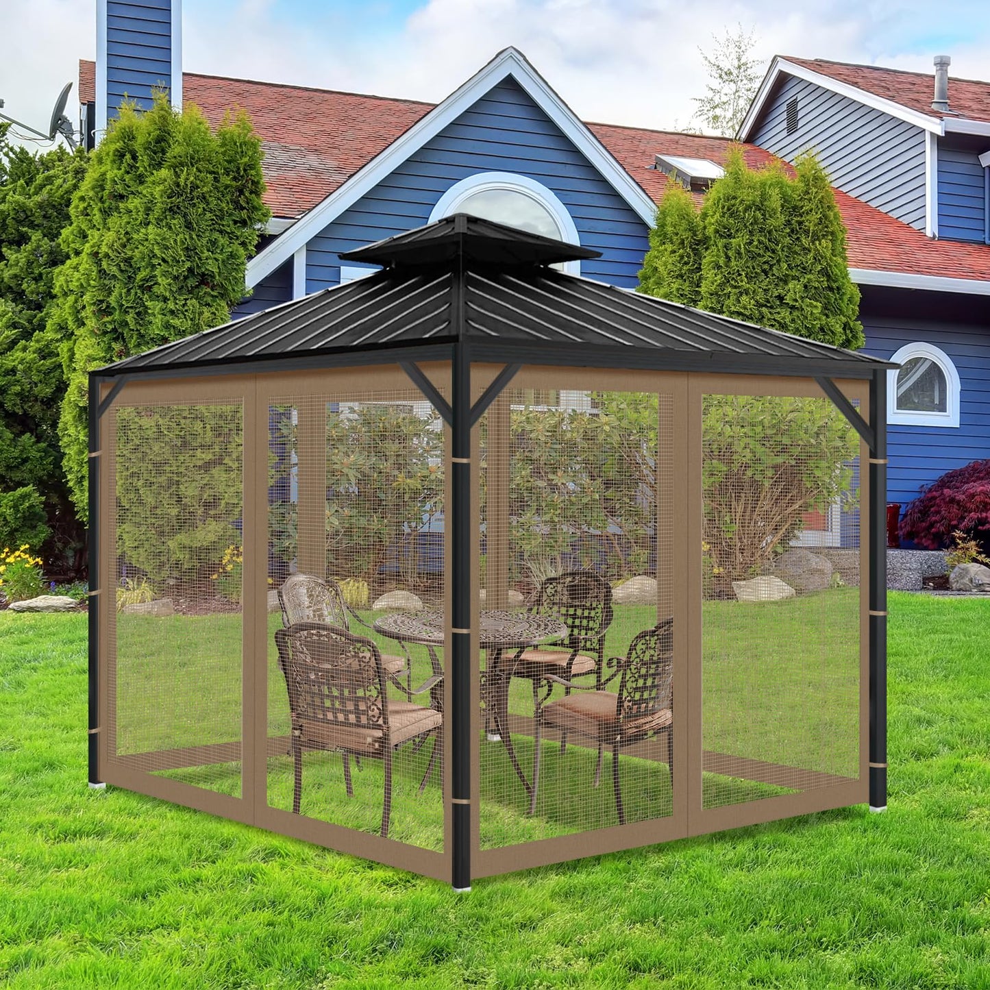 OIPUNSHLE Gazebo Universal Replacement Mosquito Netting, 10'x12' Gazebo Netting Outdoor, 4-Panel Screen Walls for Outdoor Patio with Zipper (Mosquito Net Only) (Brown)