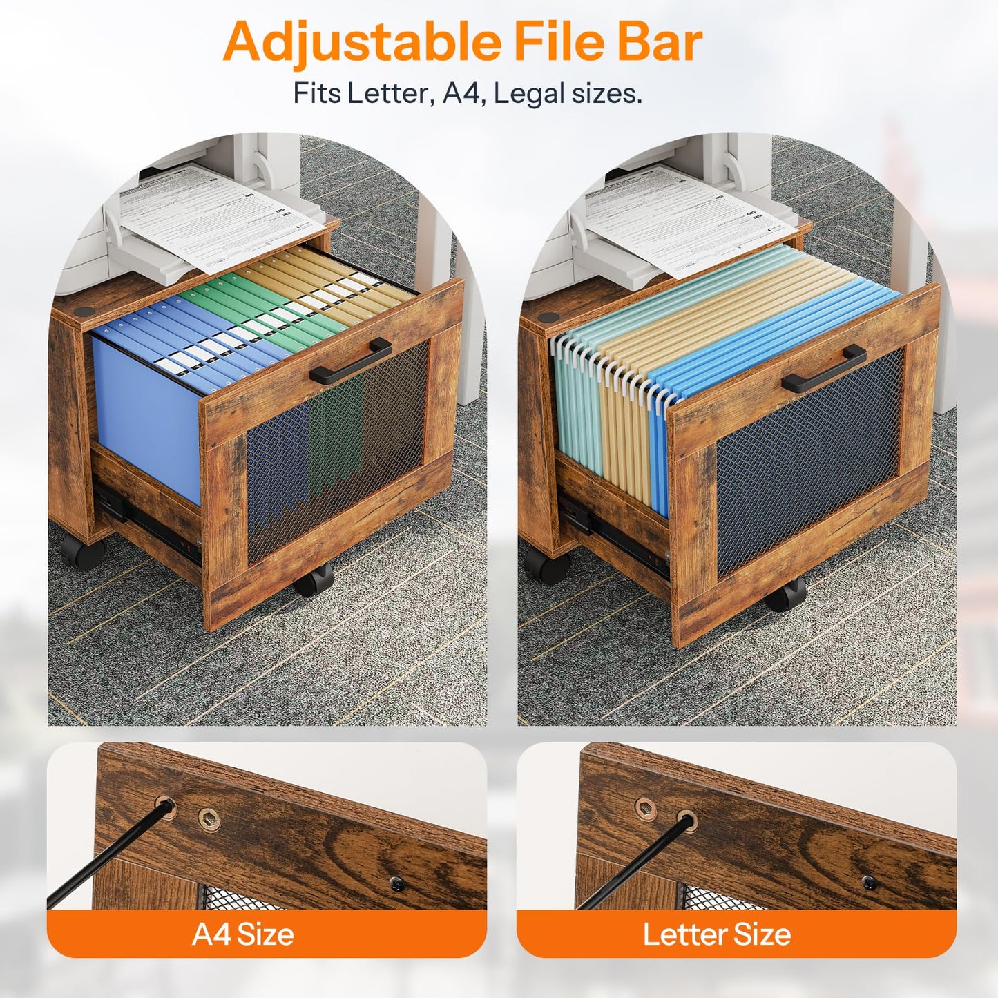 HOOBRO File Cabinet, Rolling File Cart, Under Desk Small Filing Cabinet, Filling Organizer Box, Home Office File Basket with Drawer for A4, Letter Files, Rustic Brown and Black BF11WJ01G1