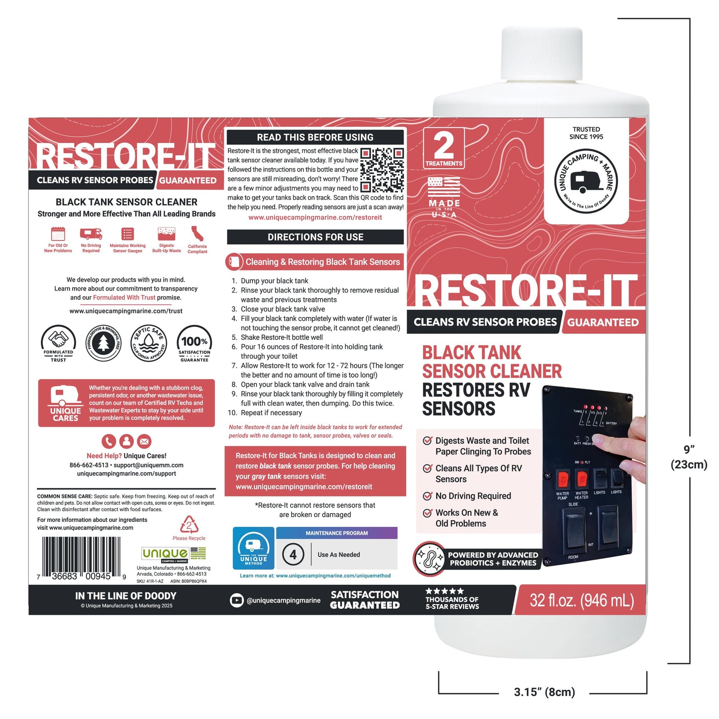 Unique Restore-It RV Sensor Cleaner Liquid for Black Water Holding Tanks - Cleans and Restores Misreading Camper Black Tank Sensor Probes, Formerly Sensor Cleaner, CA Compliant (32 oz.)
