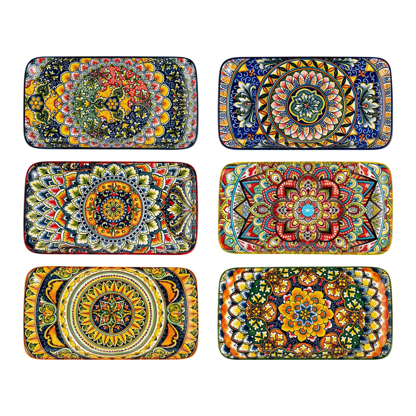 Henten Home Ceramic 10 Inch Salad Plates, Porcelain Rectangular Dessert Plate Set of 6, Bohemian Serving Dishes for Sushi, Pasta, Appetizer, Microwave & Dishwasher Safe