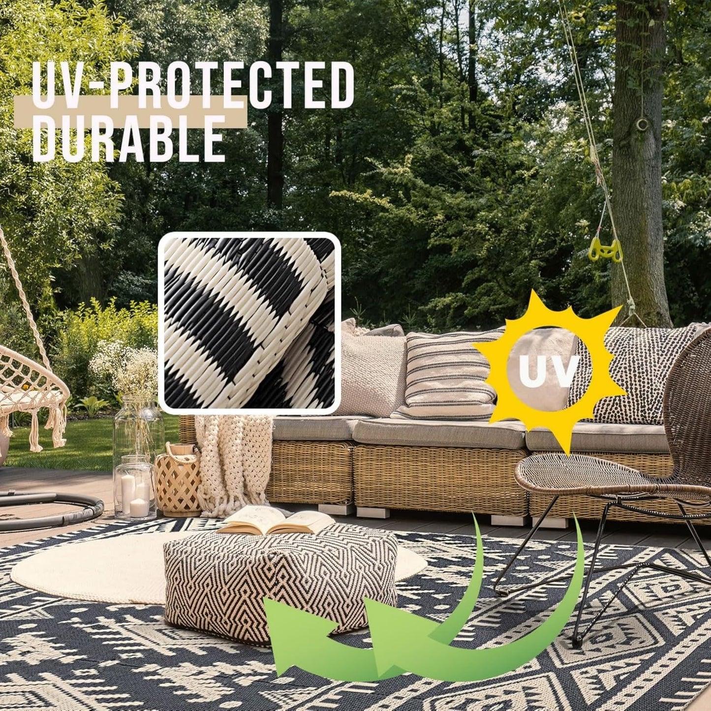 OLANLY Waterproof Outdoor Rug 5x8 ft, Reversible Plastic Straw Patio Camping Rugs, Large Foldable Outdoor Carpet Deck Rugs for Patio, RV, Outside Entry, Backyard, Bench, Picnic, Black & Beige