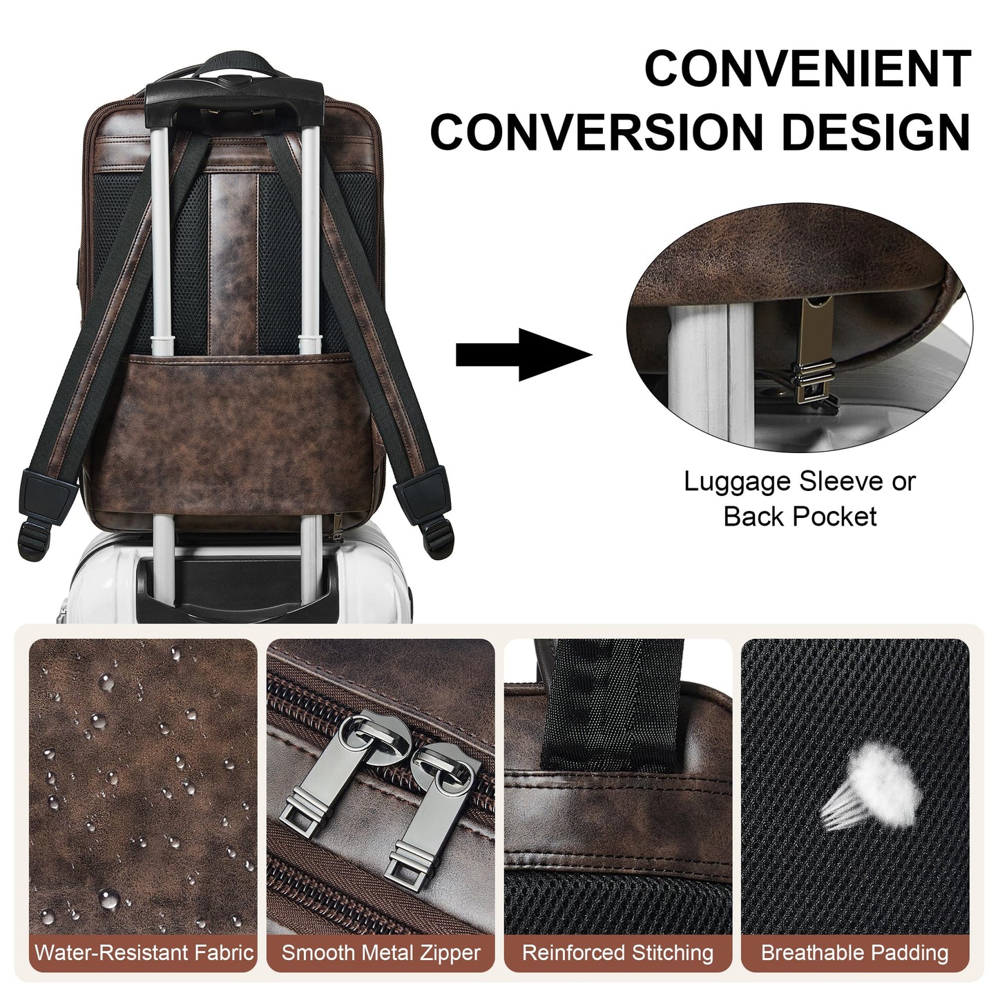 Vegan Leather Laptop Backpack for Women&Men,16 Inch Expandable Backpack with USB Charging Port,Two-toned Coffee