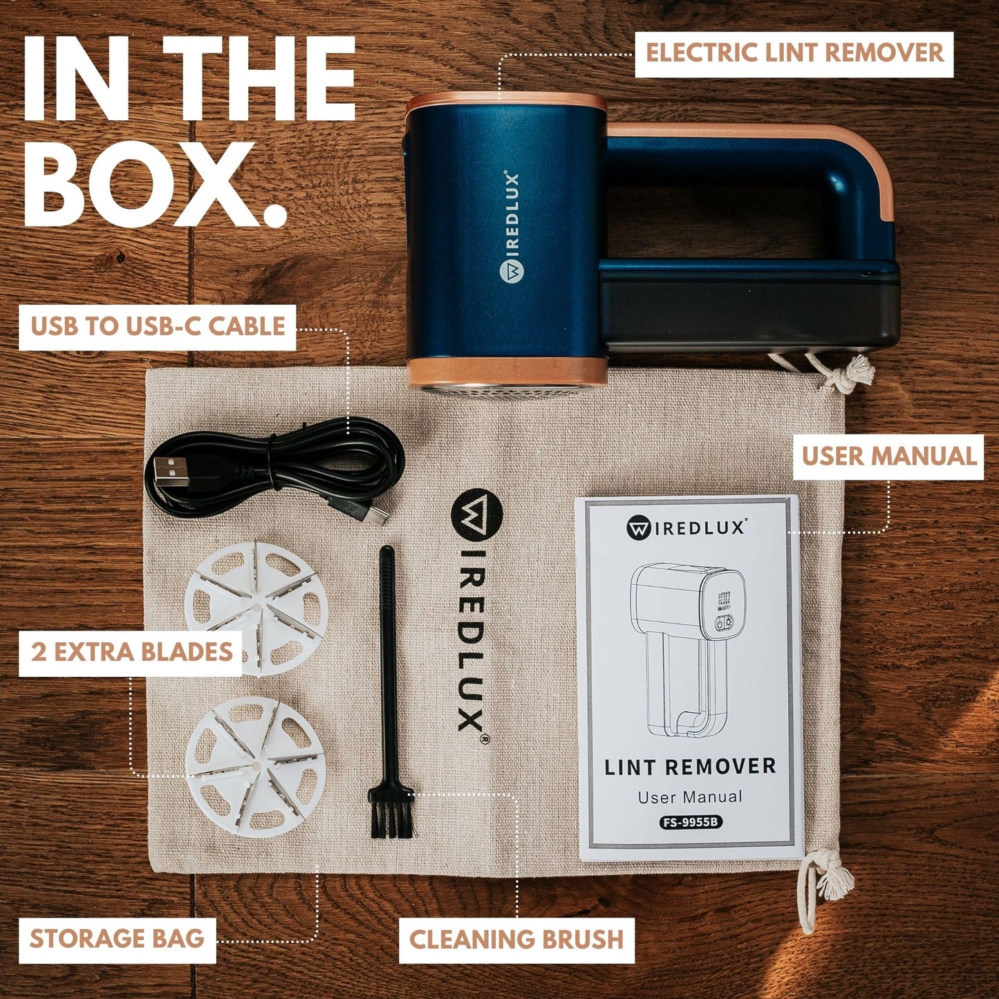 WiredLux Electric Lint Remover - Rechargeable Fabric Shaver for Clothes & Couch - Adjustable 3-Speed, 6-Leaf Blade, LED Light, USB Charging - Depiller with Dual Protection (Cobalt Blue/Copper)