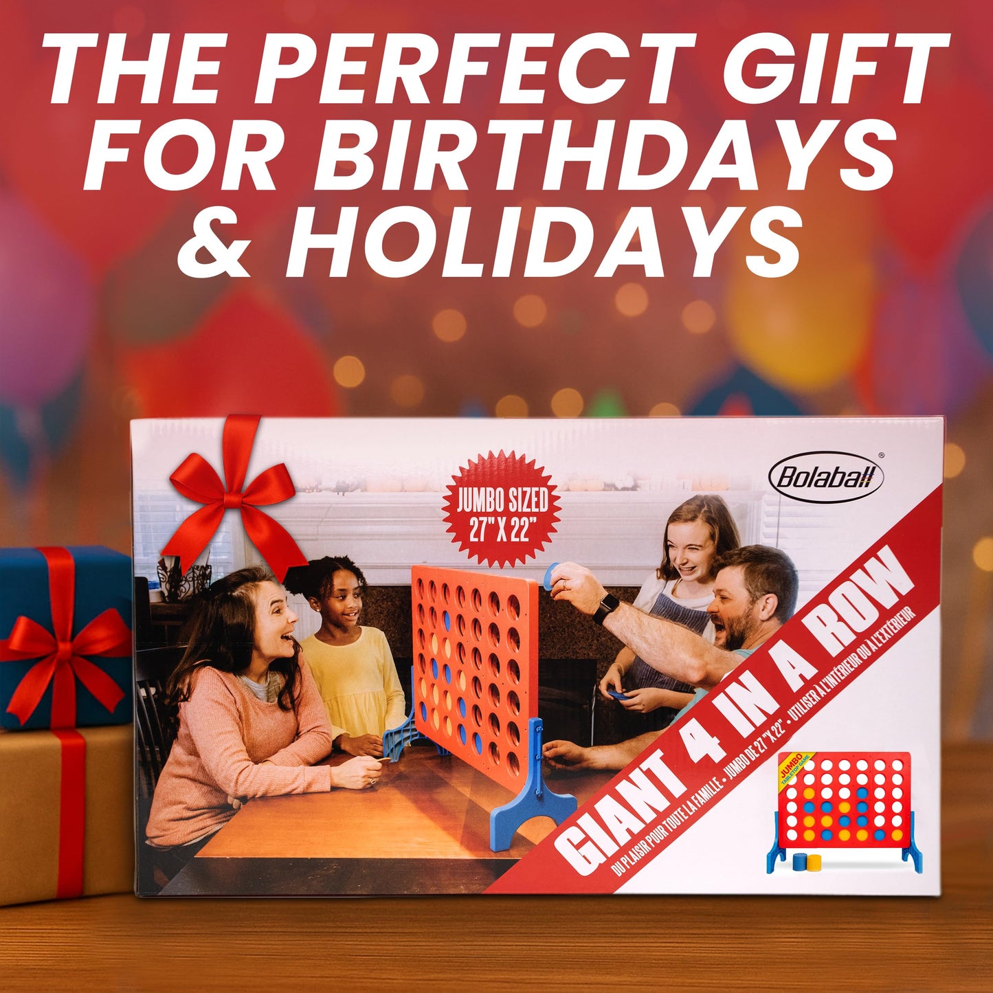 Bolaball Giant 4 Connect in a Row | Big Indoor/Outdoor Four in a Row Board Game | Kids and Family Edition | Jumbo Size 27 in by 22 in. | Red, Blue, and Yellow