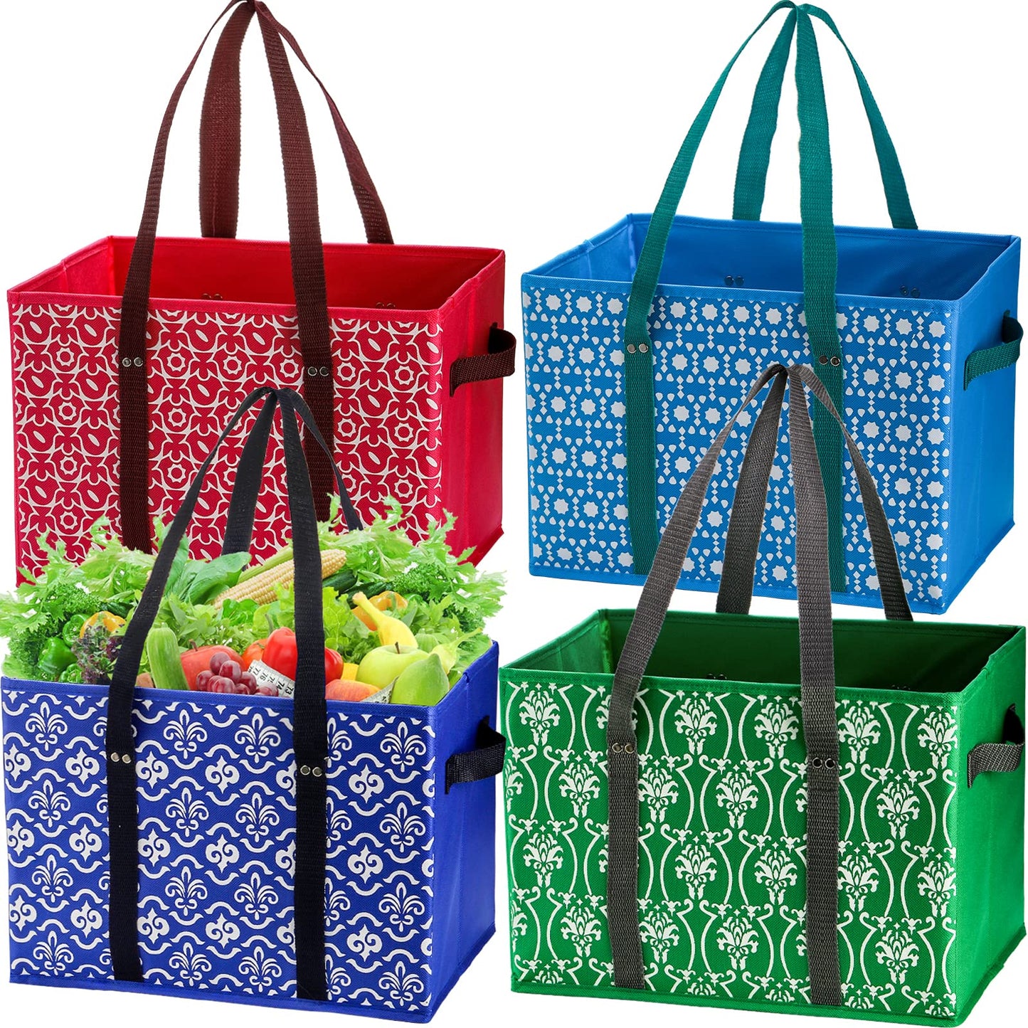 WUWEOT 4 Pack Reusable Grocery Bags, Large Shopping Box Tote, Foldable Washable Storage Bins with Reinforced Bottom Heavy Duty Handles for Fruit Vegetable Clothes Toys and Picnic