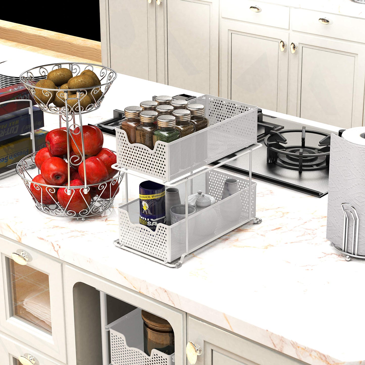 SimpleHouseware 2 Tier Sliding Cabinet Basket Organizer Drawer, White