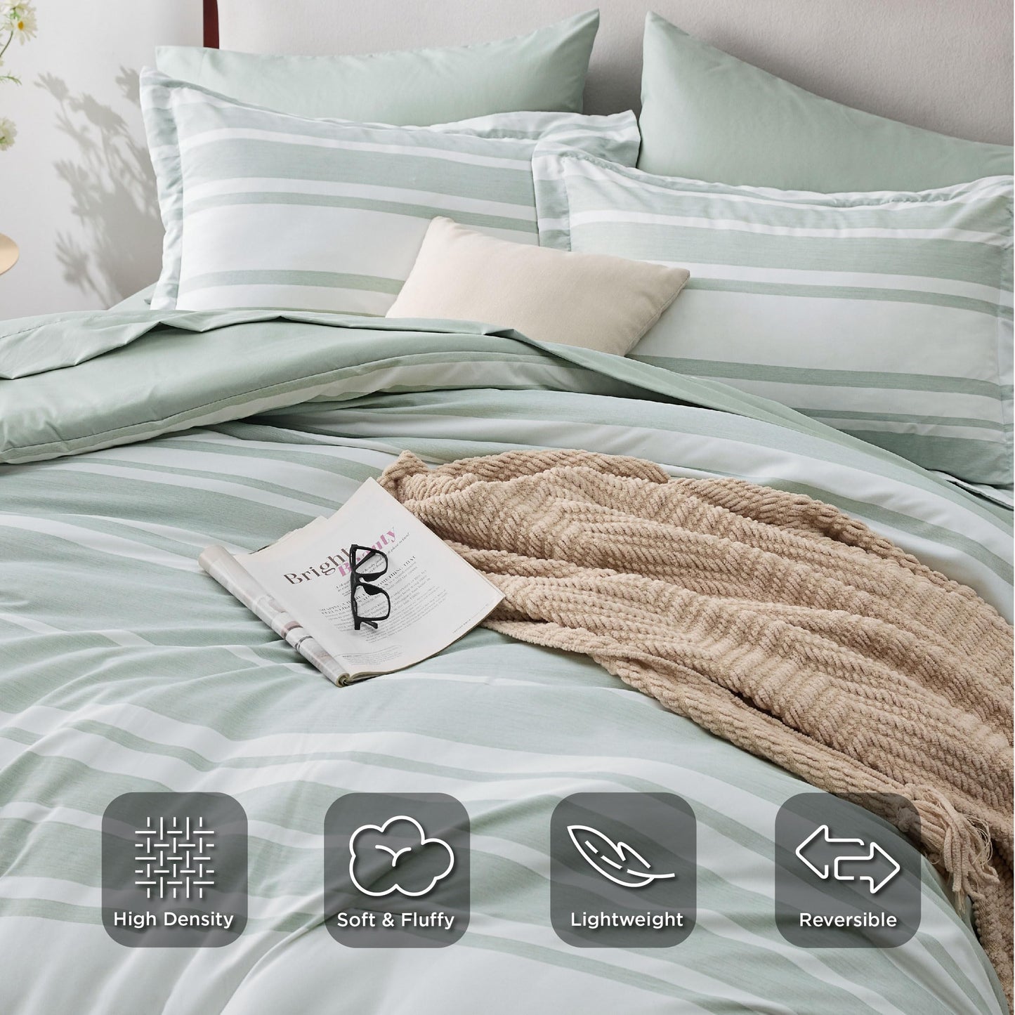 Bedsure Bed in a Bag Full Size 7 Pieces, Sage Green White Striped Bedding Comforter Sets All Season Bed Set, 2 Pillow Shams, Flat Sheet, Fitted Sheet and 2 Pillowcases