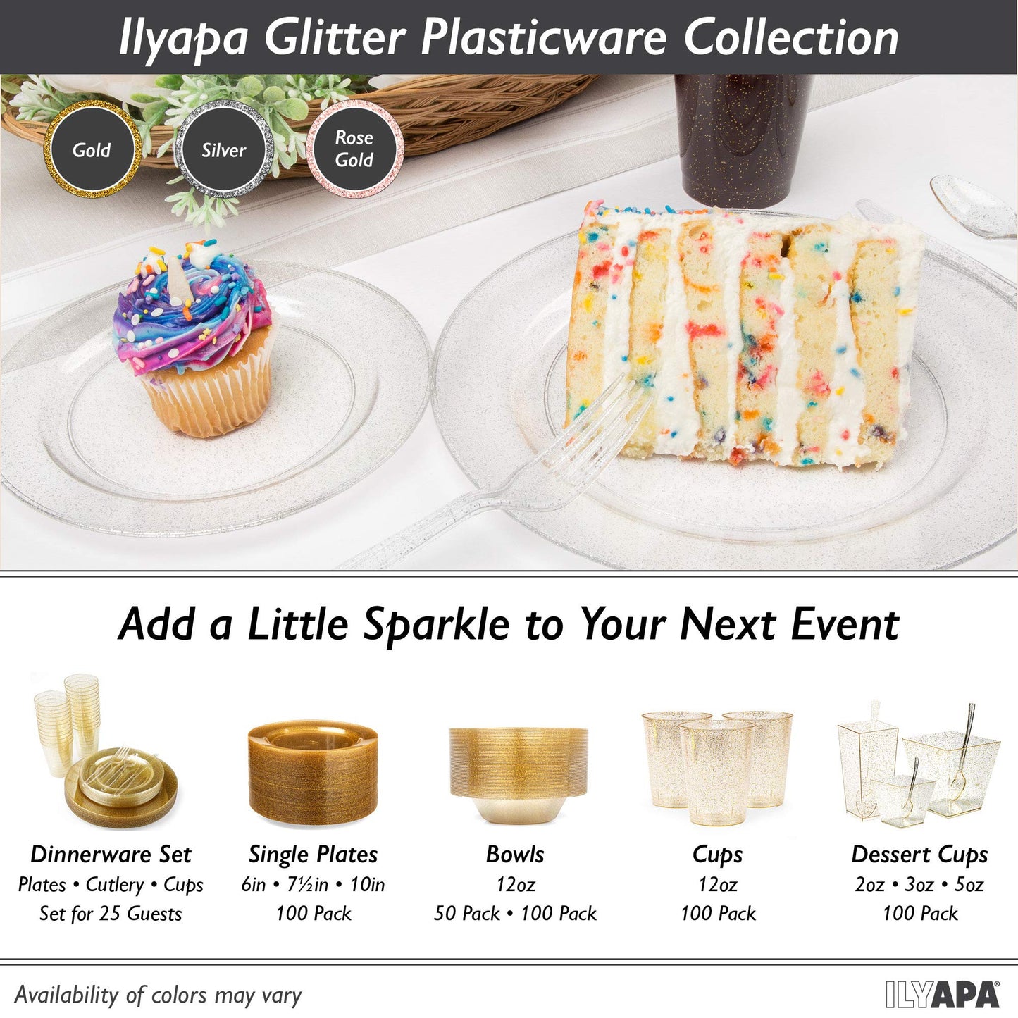 Ilyapa 100 Pack 6 Inch Disposable Dessert Plates, Plastic Clear Party Sets for 100 Guests, Clear Appetizer and Cake plates 6", Party & Dinner Accessories, Silver Glitter