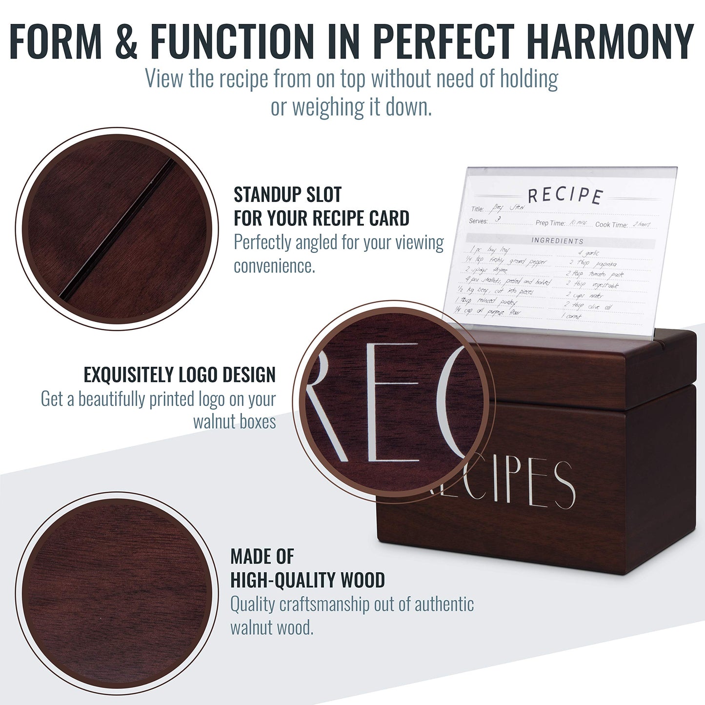 Recipe Box with Cards and Dividers by Apace - Vintage Style Wood 4x6 Recipe Holder Card Box - Exclusively from the Apace Living Premier Collection - Fits 240 Cards (Walnut)
