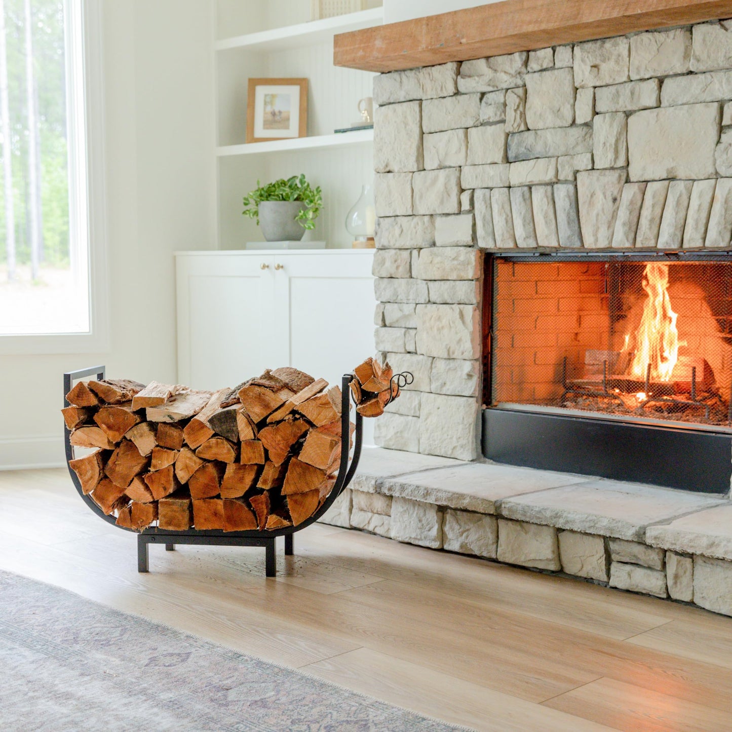 FireProof Pros Outdoor Firewood Racks or Indoor Wood Holder with Kindling Hooks. 32in Curved Wood Rack. Double Coated Firewood Storage Outdoor Waterproof, Rustproof, Stable Fireplace Log Holder