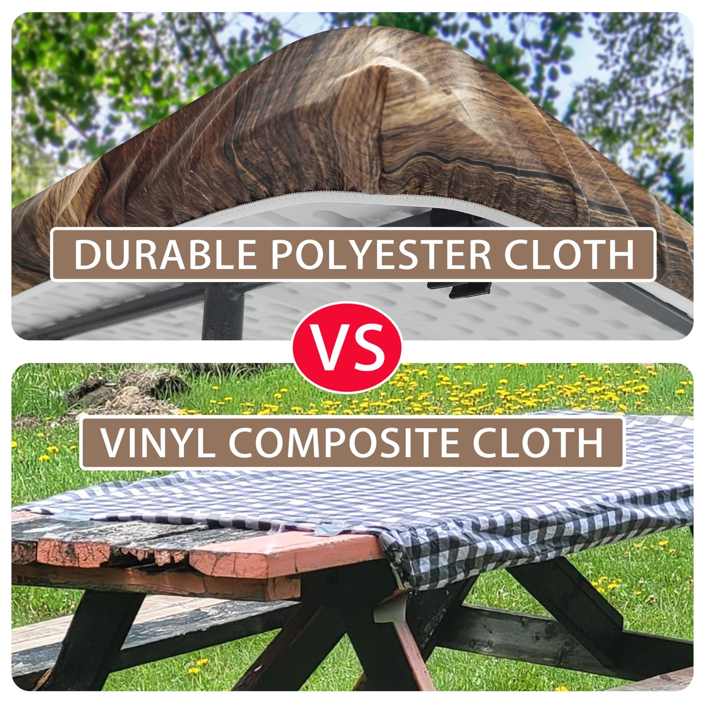 Kamoor Picnic Table Cover with Bench Covers Waterproof Camping Essentials Wooden Brown Elastic Outdoor Fitted Tablecloth Reusable Rectangle Table Cloth for RV Party Travel