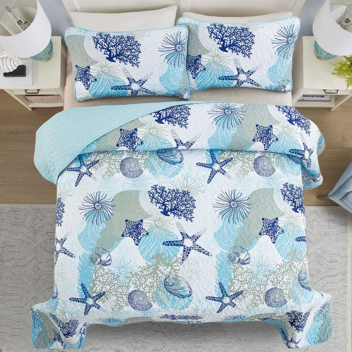 Dinjoy Coastal Quilt Set Queen Size, Blue Ocean Beach Themed Bedding Set Coral Seashell Conch Starfish Pattern Microfiber Lightweight Summer Bedspread Coverlet Bed Set All Season (96x90 Inch)