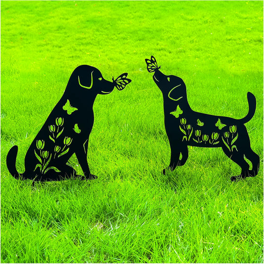 Metal Dog Decorative Garden Stakes - Gifts for Women/Mom/Men, Dog Lovers - Black Silhouette Statues for Yard Art, Outside, Patio, Outdoor Decor, Garden Decorations, Lawn Ornaments - Set of 2