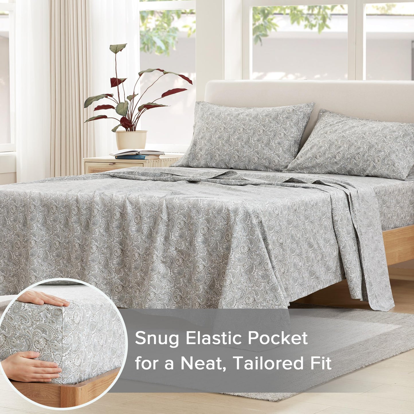 Comfort Spaces 100% Cotton Sheets King, Breathable, Naturally Cool Cotton Sheets, Soft Cotton Bed Sheets with 14" Elastic Pocket Fits up to 16" Mattress, All Seasons Sheet Set, Paisley Multi 4 Piece
