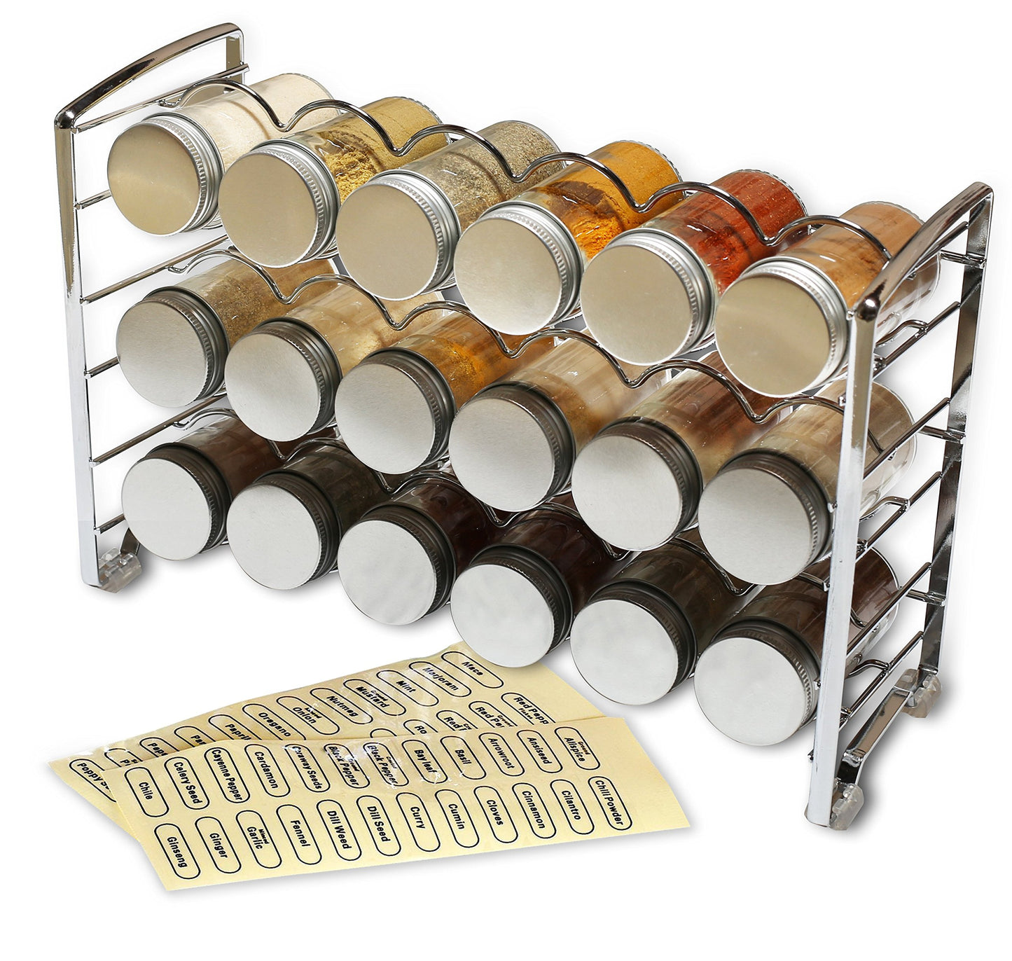 Deco Brothers Spice Rack Organizer with 18 Spice Bottles, 48 Spice Labels Set for Cabinet, Countertop, Pantry, Cupboard, Chrome