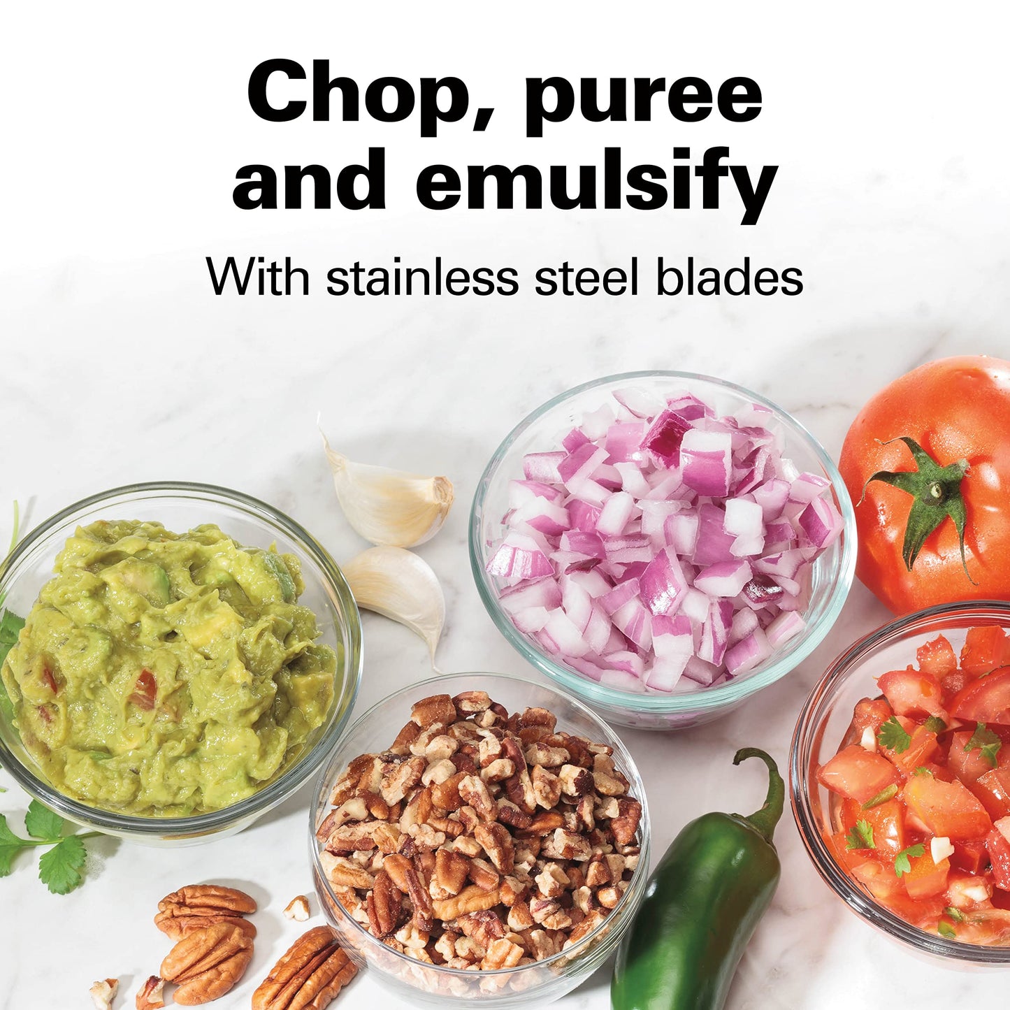 Hamilton Beach Stack & Press Food Chopper & Mini Food Processor, 350 Watts, 3 Cup Bowl, Stainless Steel Blades, for Chopping, Puree & Emulsify, Black, 72850G