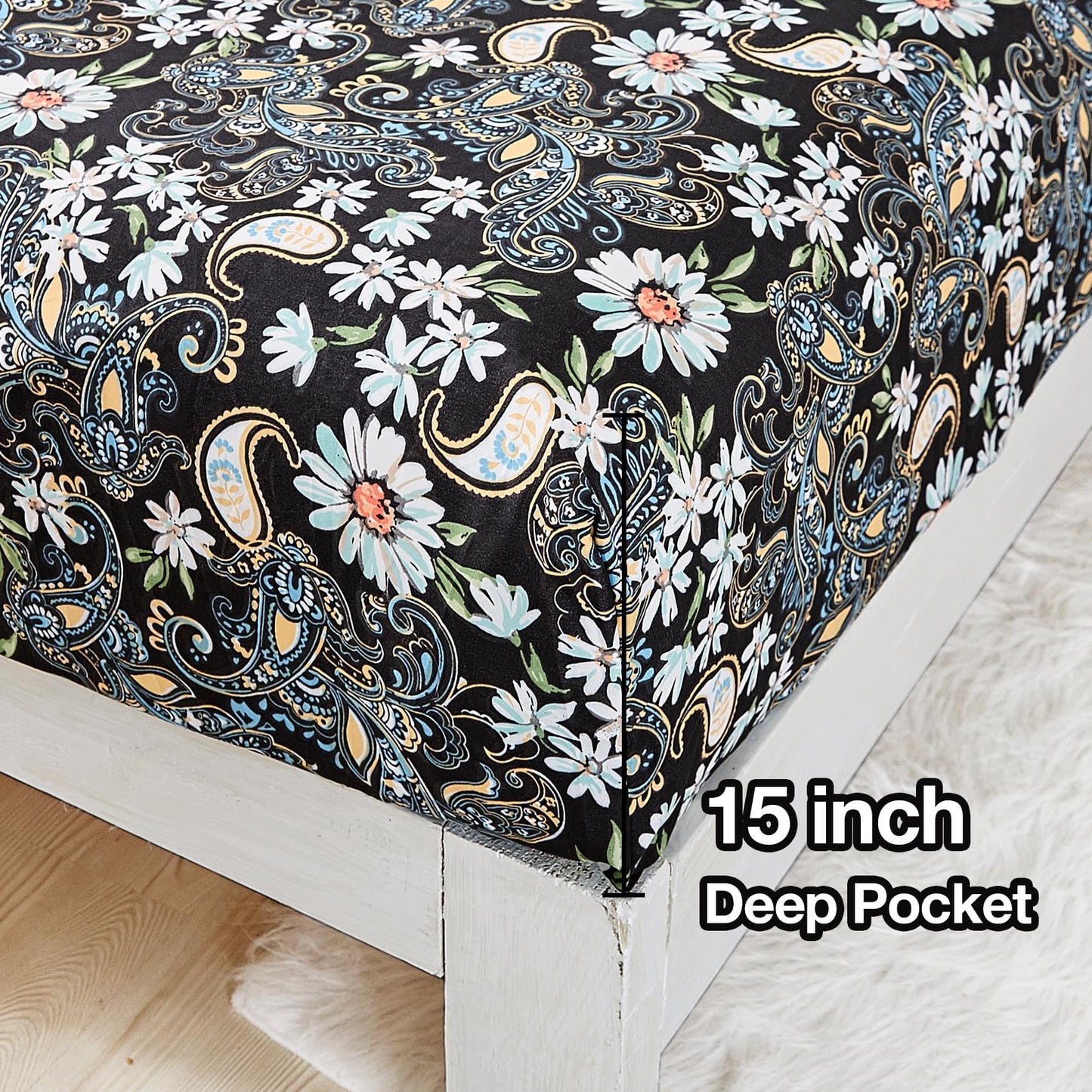 JSD Queen Paisley Floral Print Sheet Set 4 Piece Black Pattern Soft Microfiber Bedding Sheets 15" Extra Deep Pocket