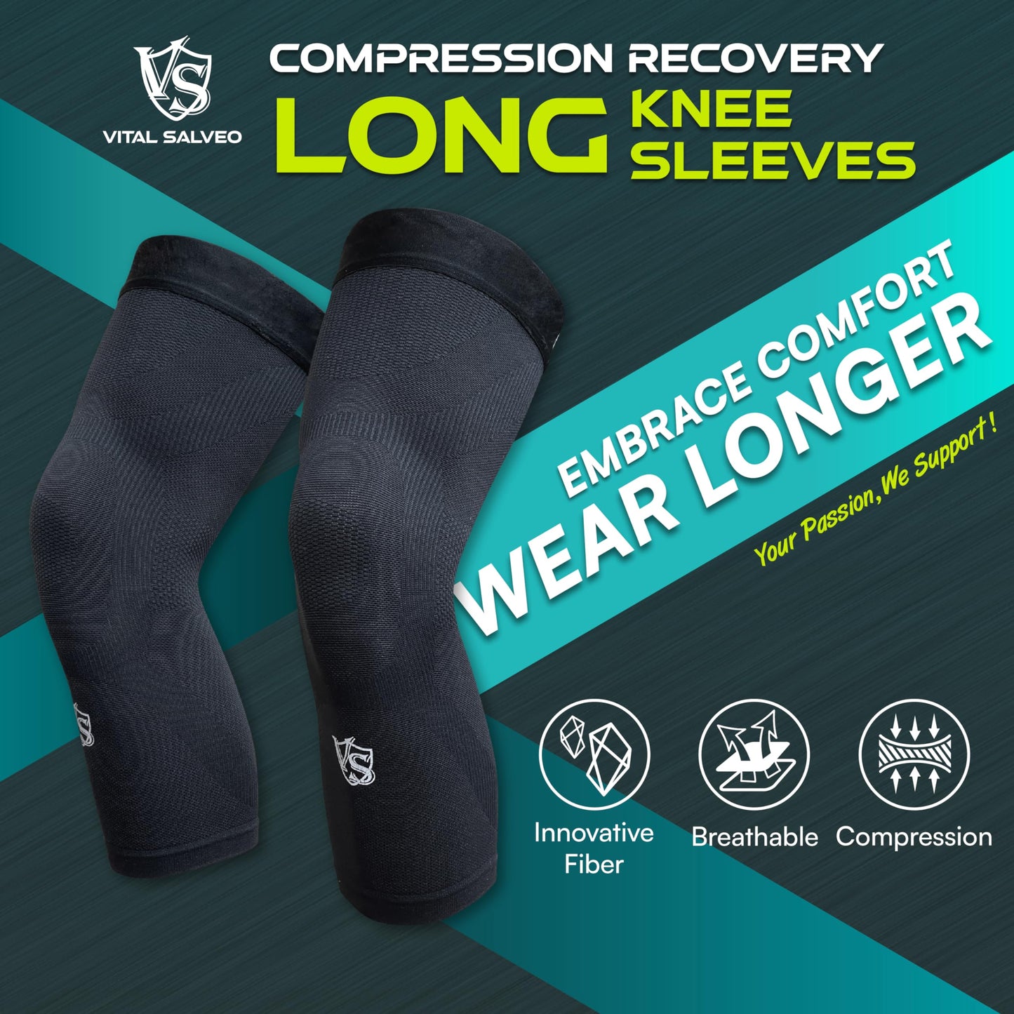Vital Salveo-Sports and Outdoor Compression Long Knee Sleeves Support- Germanium Recovery Running, Basketball (1 Pair) XX-Large