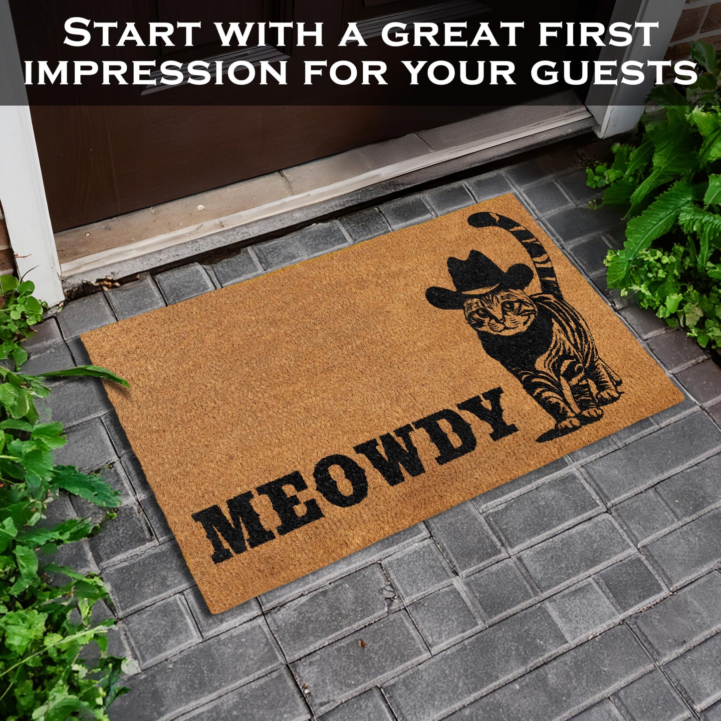 Meowdy Doormat 30x17 Inch, Cat Front Door Mat for Covered Area, Black Cat Welcome Mats for Front Door Gift, Coir Doormat