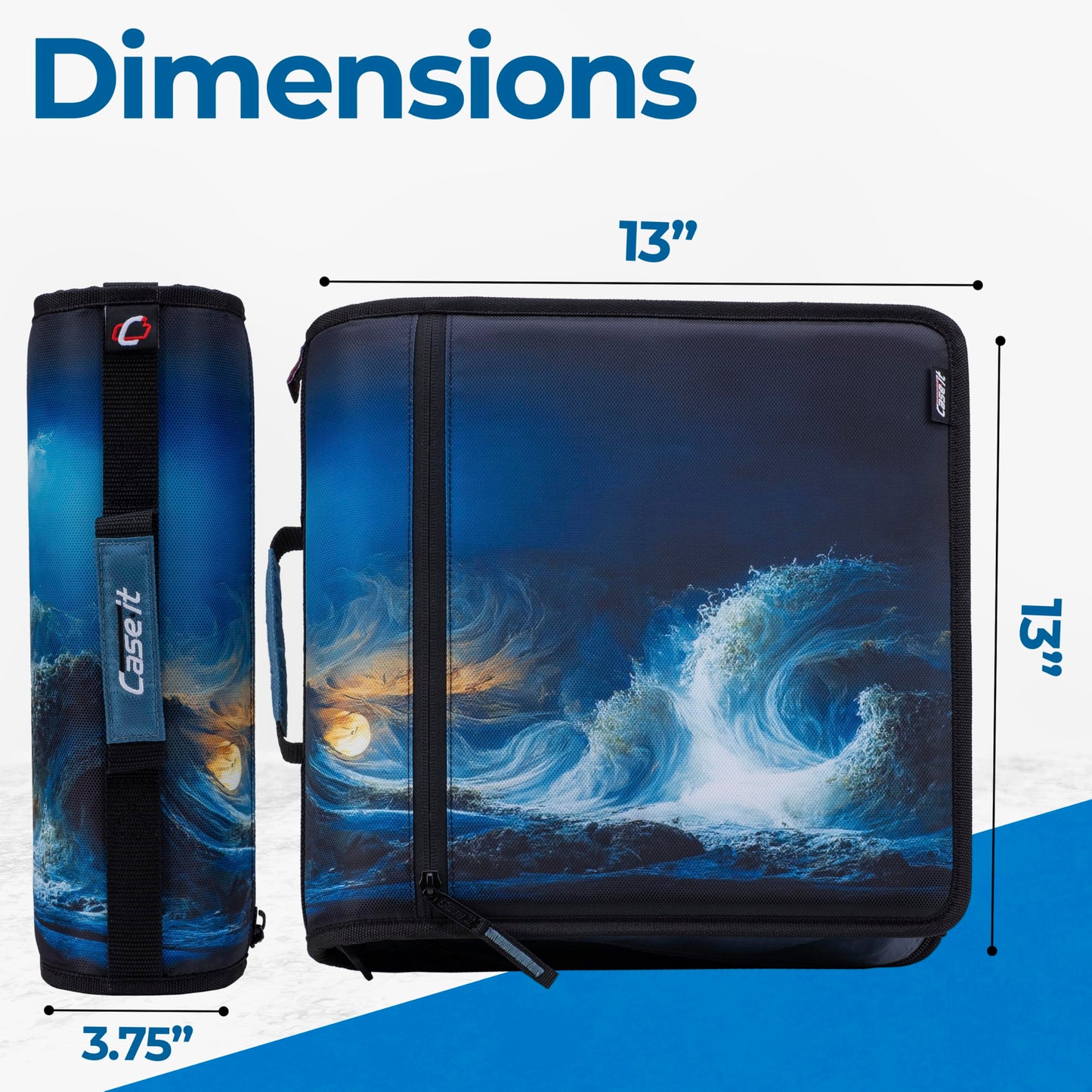 Case-it The Print Mighty Zip Tab Zipper Binder - 3 Inch O-Rings - 5 Color Tab Expanding File Folder - Multiple Pockets - 600 Sheet Capacity - Comes with Shoulder Strap - Tidal Wave D-146-P