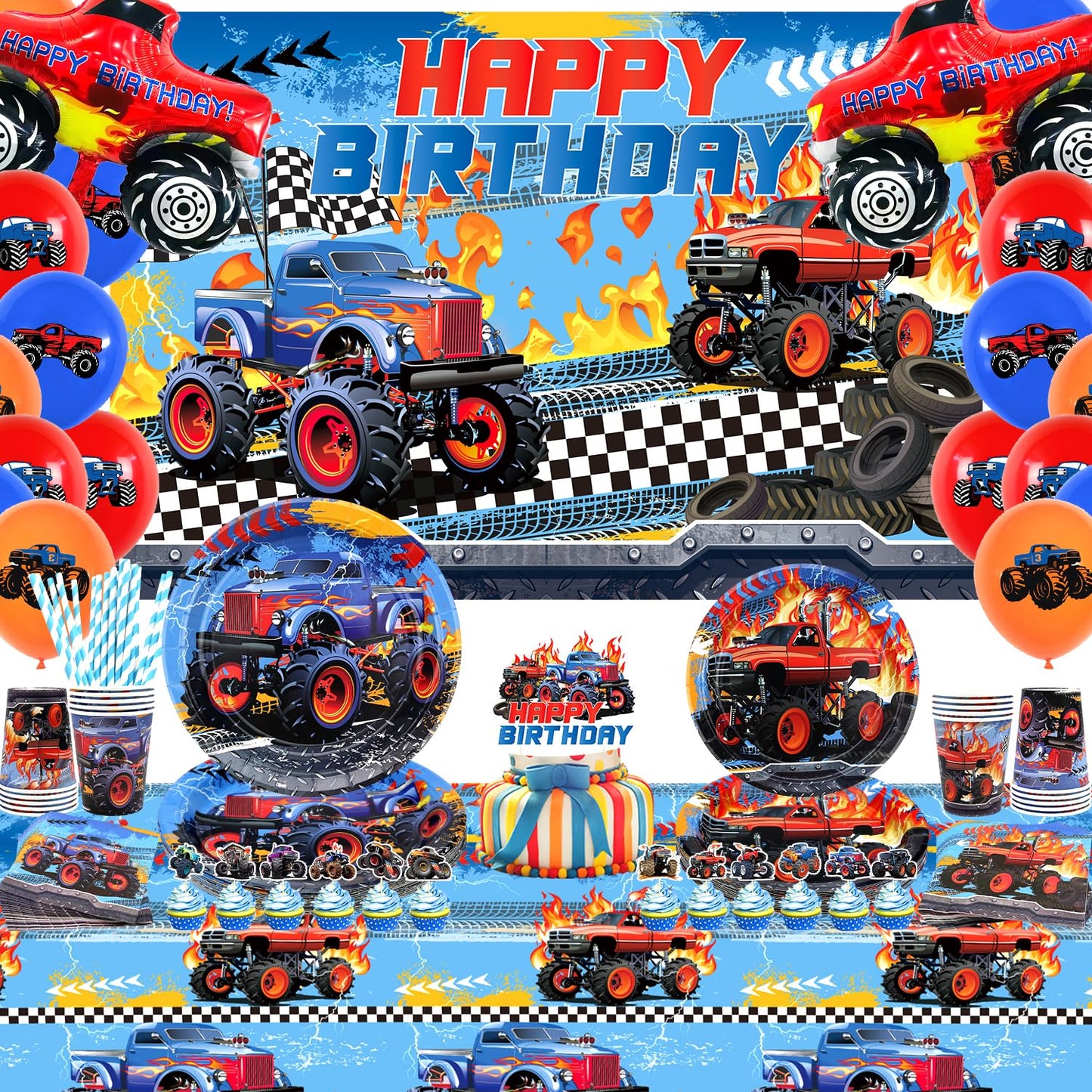 KEFAN Monster Truck Birthday Party Decorations, Monster Truck Birthday Party Supplies including Backdrop, Plates, Cups, Napkins, Tablecloth, Balloons for Boys Birthday Party (Background)