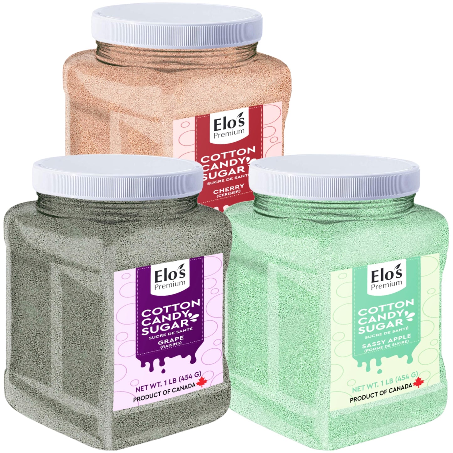 Cotton Candy Floss Sugar (3 Pack / 1lb x 3) | Sassy Apple, Cherry & Grape | Product of Canada| Easy Candy Forming| Works With Almost All Machines| Reusable Jars to Lock in Freshness| Flavoured Floss Ideal for Snack, Desserts, Party, Carnivals and More| By