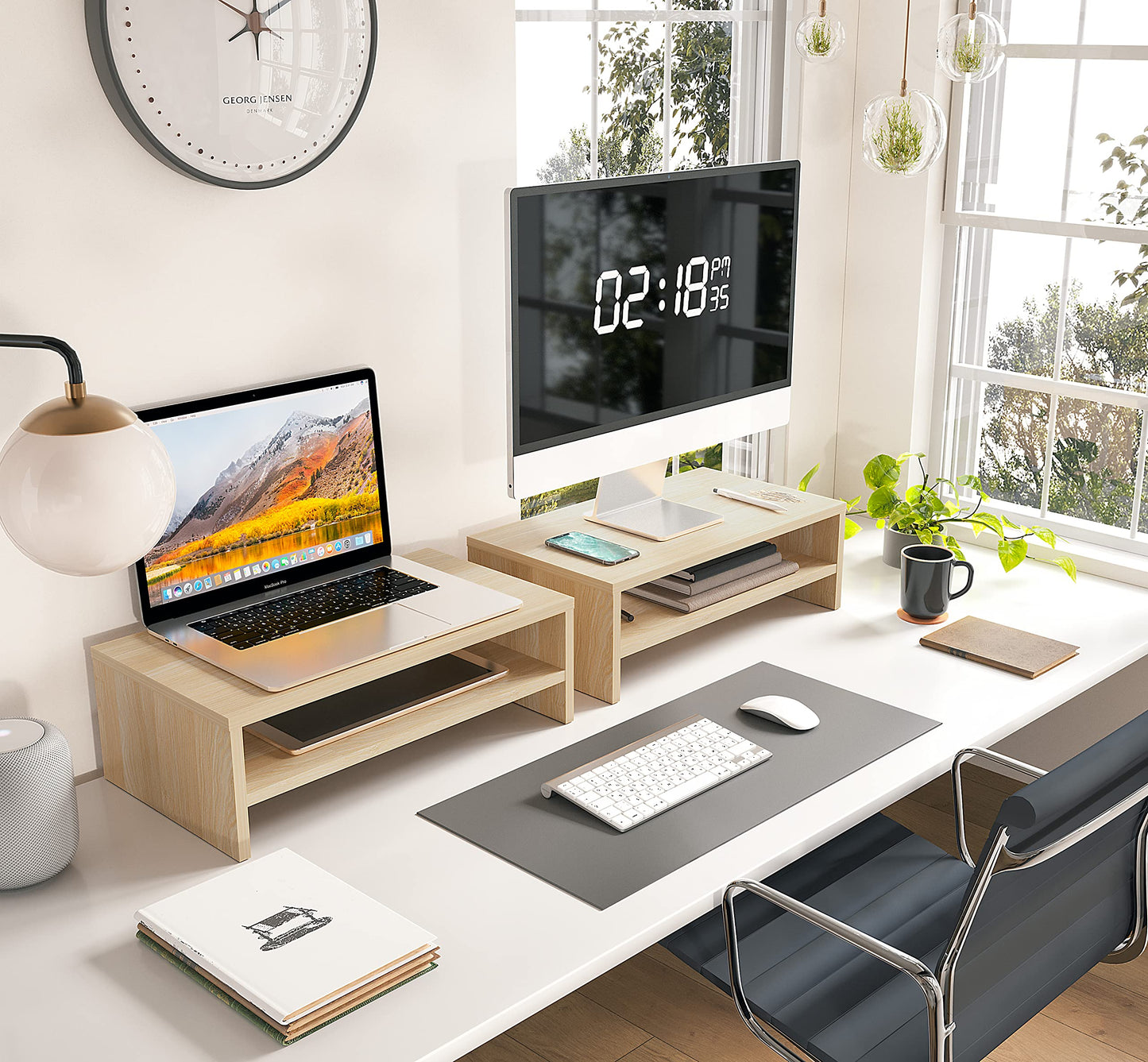 FITUEYES Computer Monitor Stand 16.7 inch 2 Tiers Laptop Riser with Storage Shelf Wooden Desk Organizer for Home Office Use (Oak)