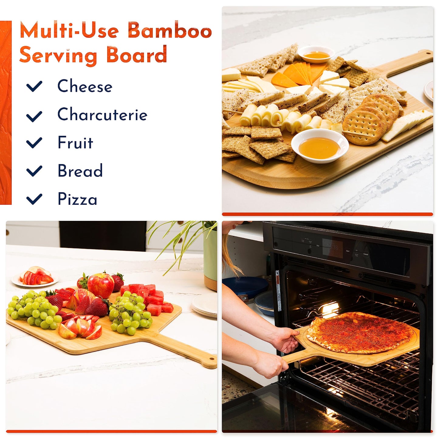 Loftern 16-Inch Bamboo Wood Pizza Peel - Multi-Purpose Bamboo Pizza Cutting Board, Wood Pizza Peel, Pizza Spatula Paddle, and Serving Board with Size and Cutting Guide