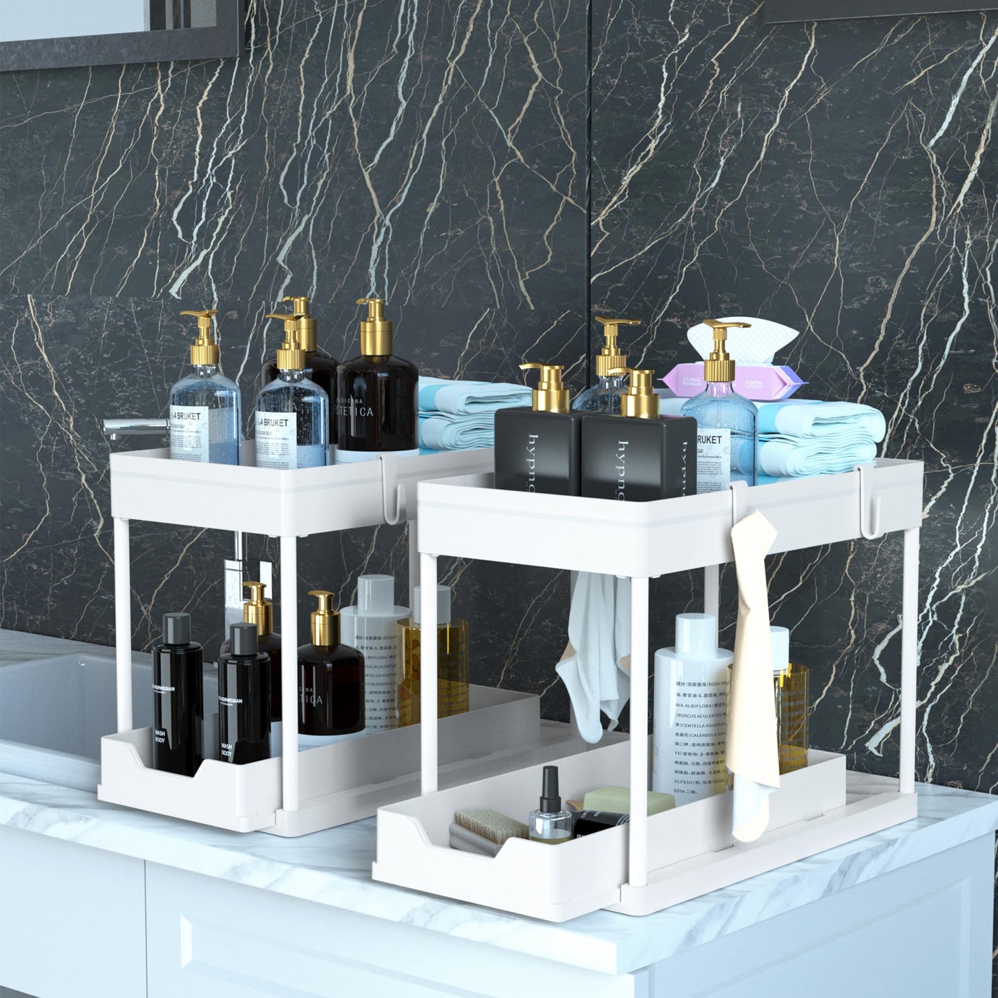 MEAFBIRD 2 Pack Under Sink Organizer, 2 Tier Bathroom Cabinet Organizer with Sliding Basket, Multi-Purpose Under Sink Organizers and Storage for Bathroom Kitchen (White 2)