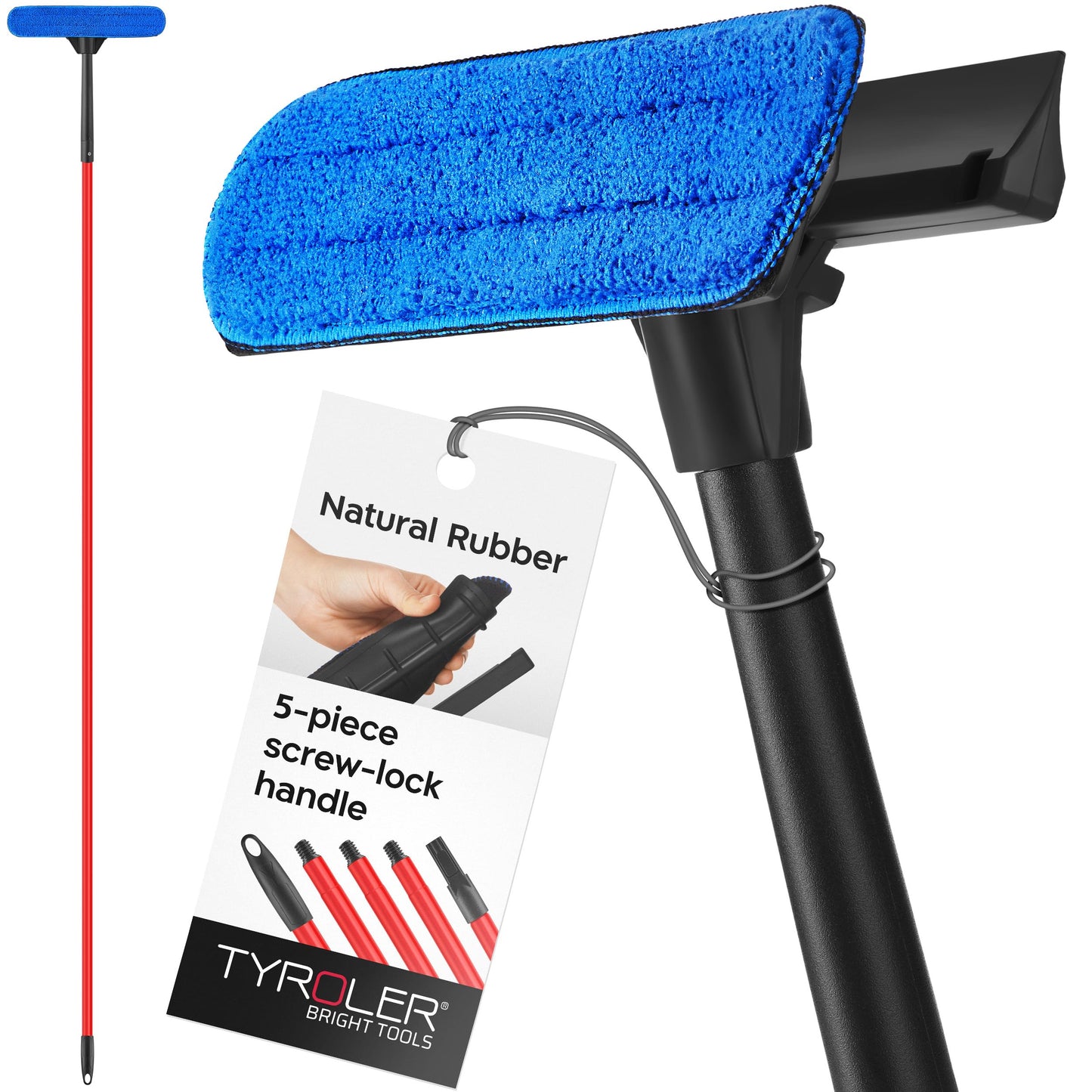 Tyroler 2-in-1 High Window Cleaning Tool | Window Squeegee Extendable with 30-205CM 5 Part Handle | Perfect Window Cleaning & Washing Kit (Black - Rubber)