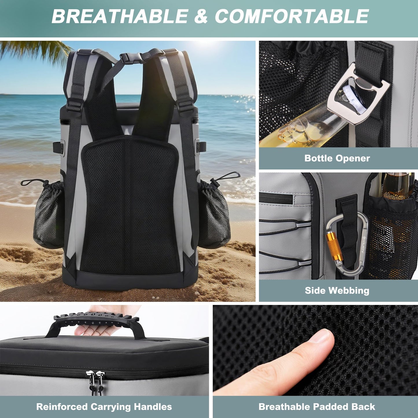 YOUNGOA Large 52cans Cooler Backpack, Insulated, Waterproof, Leak Proof, 30L Large Capacity (Grey, Black Zipper)