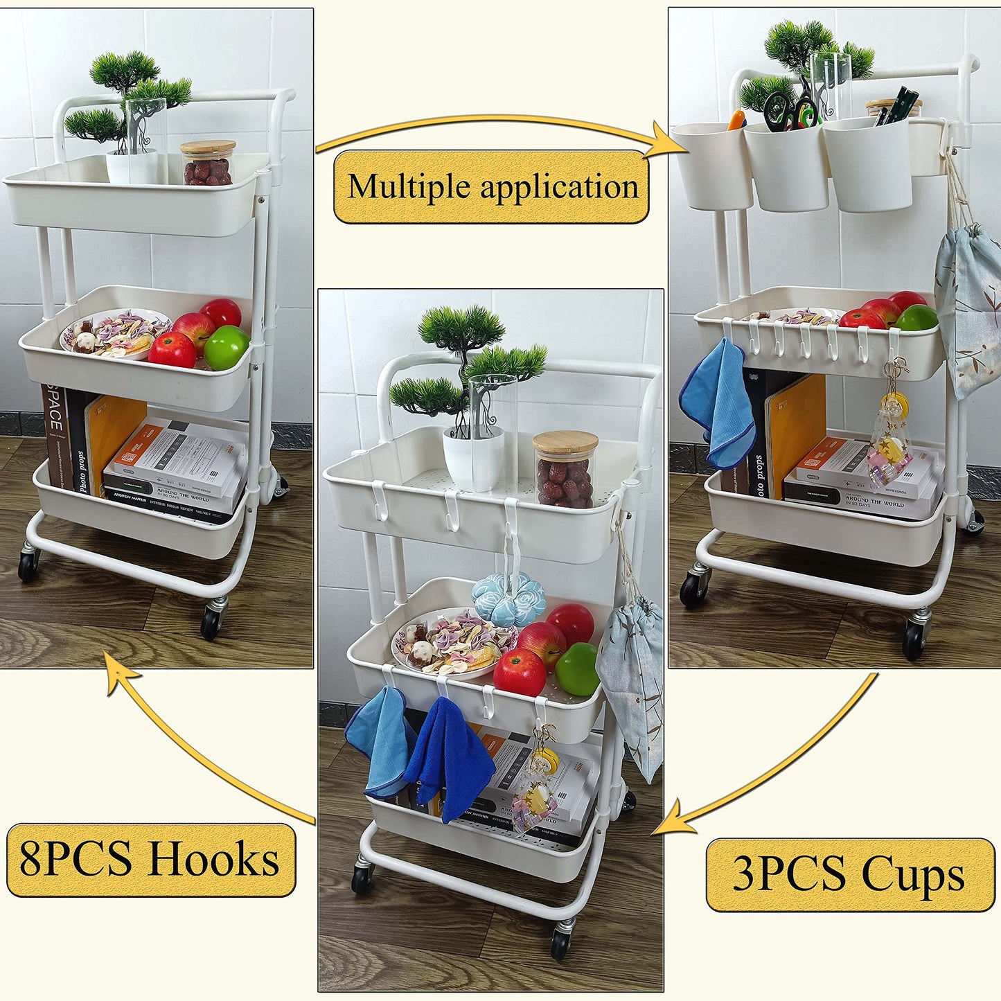 Freletry 3 Tier Rolling Utility Cart Multifunction Storage Organizer Shelf Rack with Lockable Wheels 3PCS Cups and 8PCS Hooks for Home Office Kitchen Bathroom Store (White)