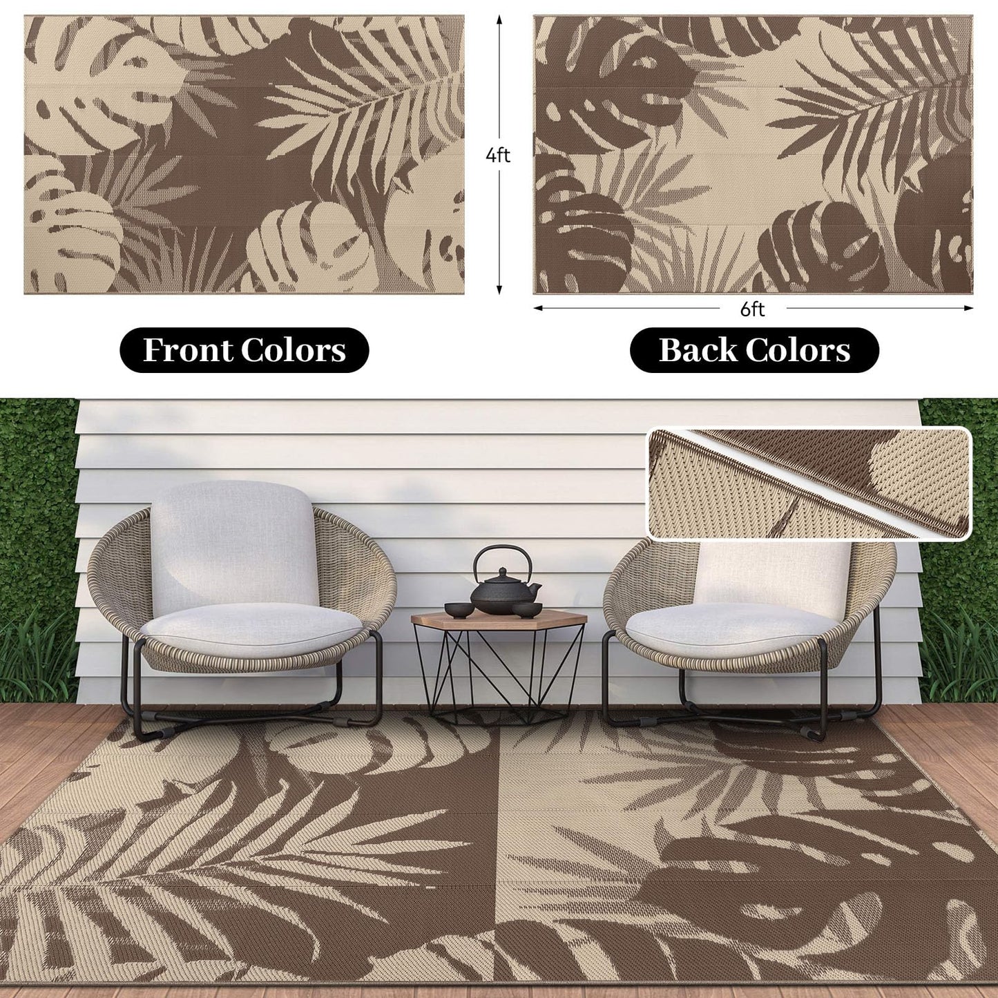 OLANLY Waterproof Outdoor Rug 4x6 ft, Plastic Reversible Patio Rug Outdoor Carpet, Large Leaf Outdoor Area Rug Deck Rugs for Patio, RV, Backyard, Deck, Picnic, Beach, Camping, Beige & Brown
