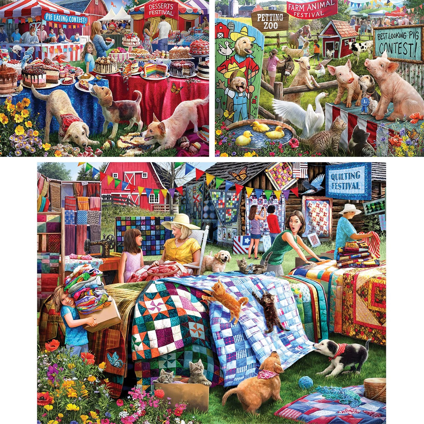 Bits and Pieces - Value Set of Three (3) 500 Piece Jigsaw Puzzles for Adults - Each Puzzle Measures 18" x 24" (46cm x 61cm) - 500 pc Desserts, Farm Animal, Quilting Festival Jigsaws by Larry Jones