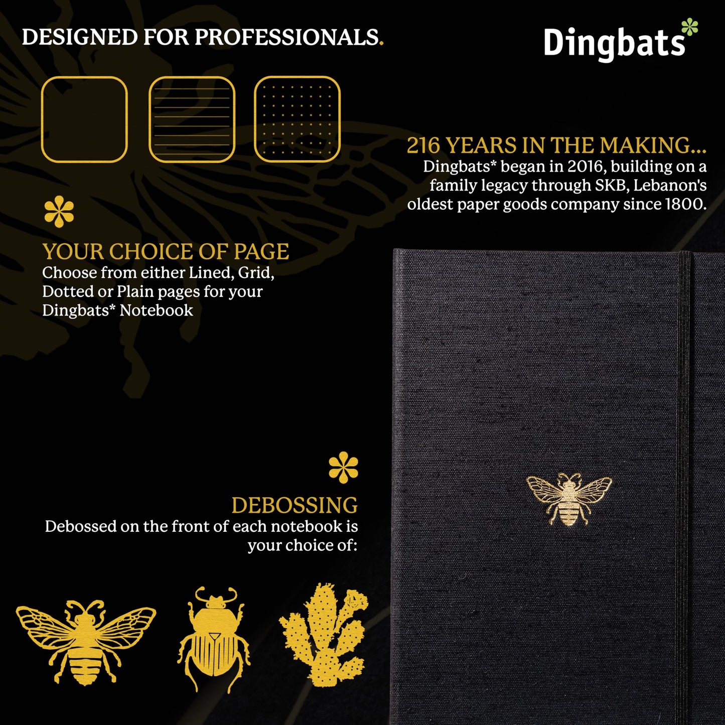 Dingbats - Pro Dotted Large Notebook, Black Bee, B5 - Hardcover -60gsm Ink-Proof Watercolor Paper - Includes Pocket, Elastic Closure & Bookmark