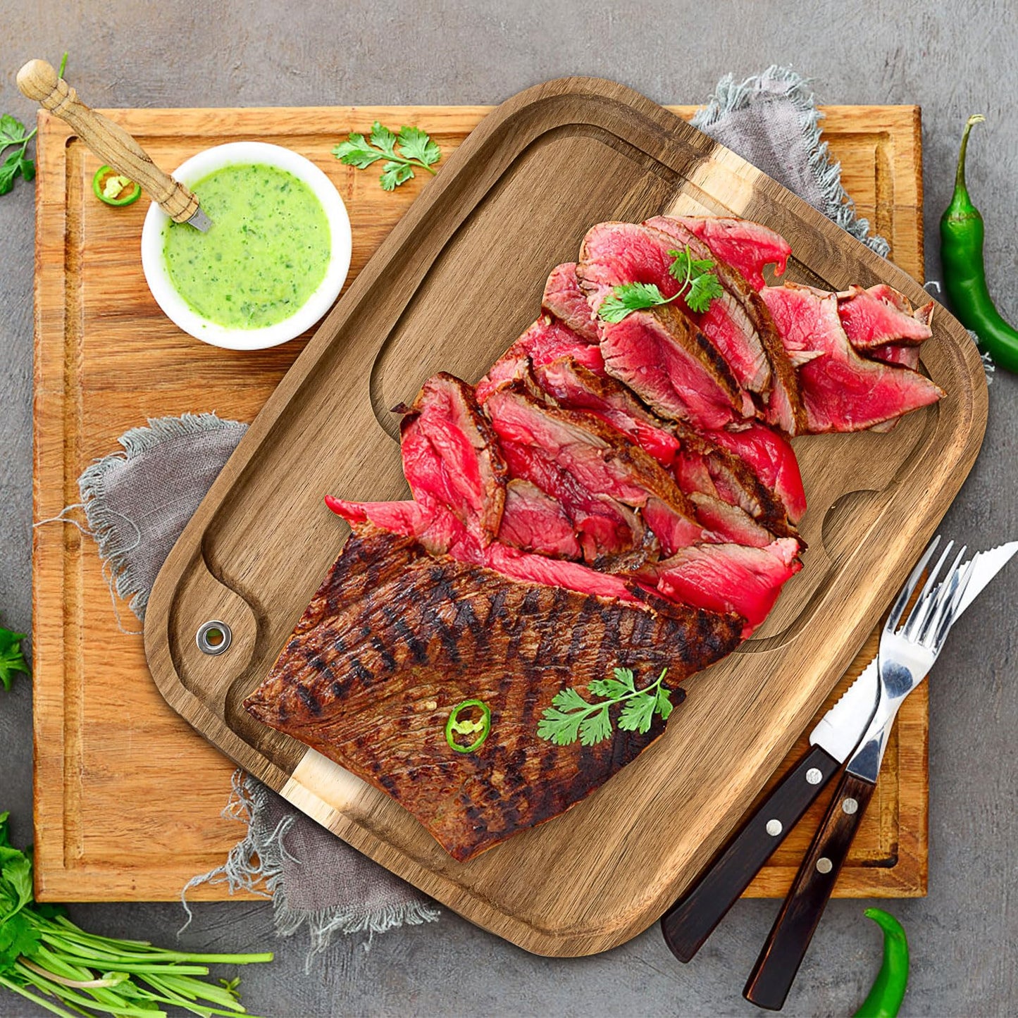 6 Pcs Acacia Wood Steak Plates with Juice Channel, Wooden Steak Board Set, Wood Serving Boards for Serving Steak, Meat, Charcuterie, Appetizer (13 x 11 x 0.6 Inch)