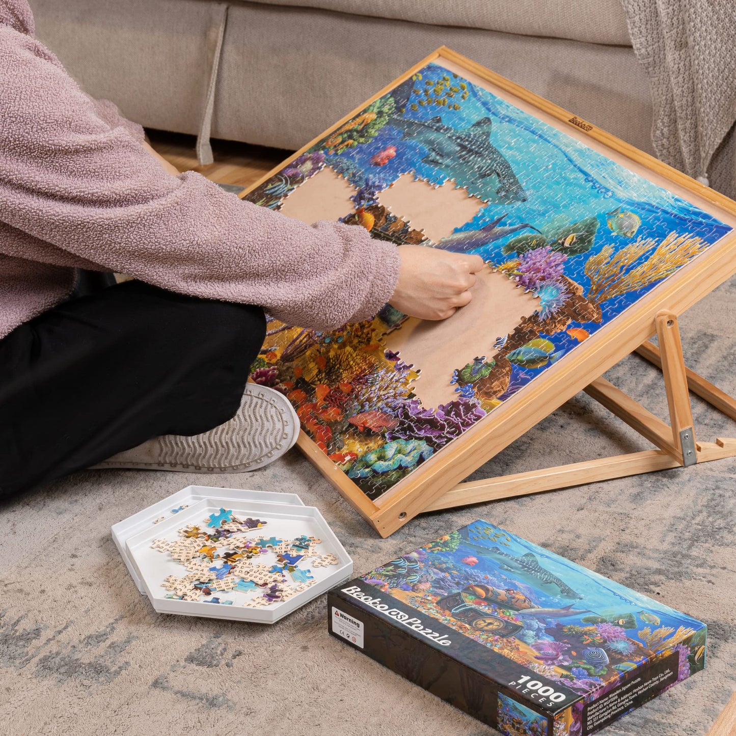 Becko Adjustable Wooden Puzzle Board Portable Jigsaw Puzzle Plateau 30.3 x 20inch Puzzle Board with Easel for Adults and Kids Up to 1000 Pieces