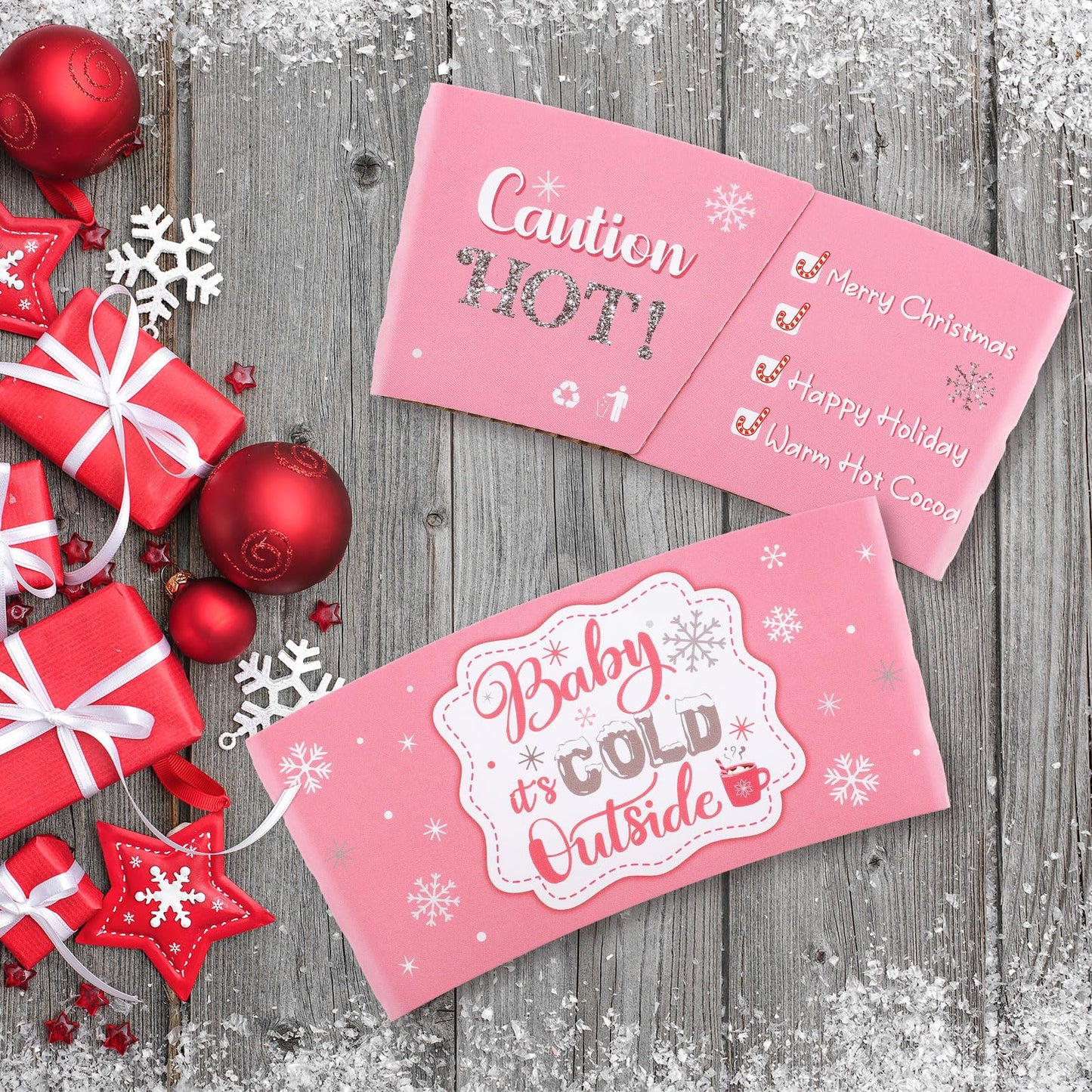 Yexiya 60 Pieces Christmas Baby It's Cold Outside Cup Sleeves Coffee Tea Fits 12oz 16oz Disposable Paper Cup Sleeves for Hot Chocolate Cocoa Beverage Xmas Party Supplies(Pink Silver)