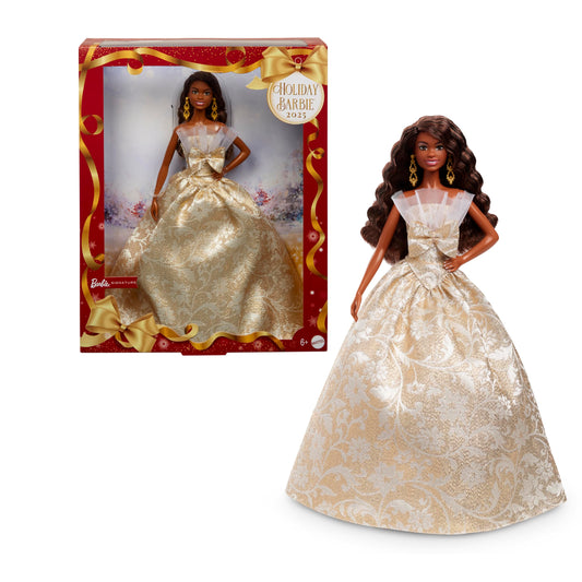 Barbie Signature Doll, 2025 Holiday Barbie Black Hair Fashion Doll Wearing Silver & Gold Gown, Seasonal Collector in Displayable Packaging & Stand