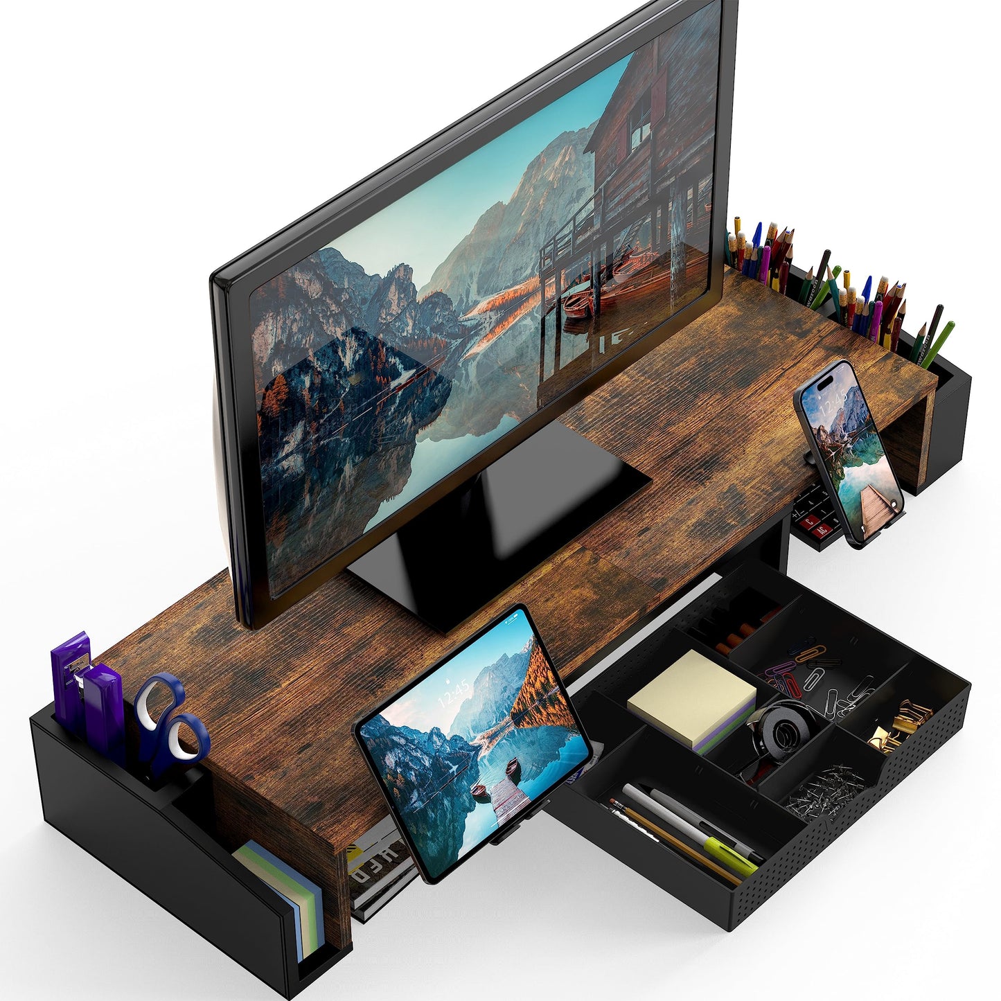 Simple Houseware Dual Monitor Stand Riser of Adjustable Length and Angle Shelf with Holder and Drawer, Rustic Brown