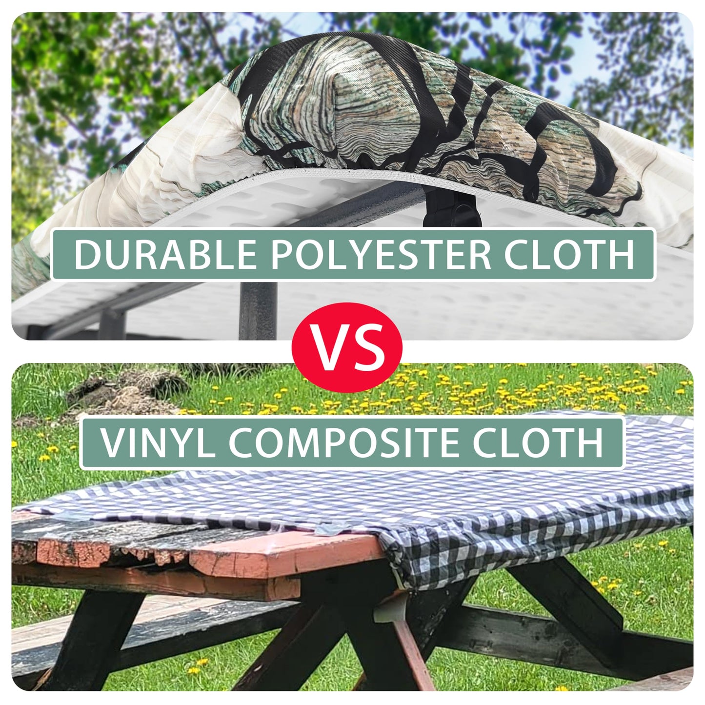 Daisy Flowers Picnic Table Cover with Bench Covers Camping Essentials Wooden Grain Outdoor Table Covers with Elastic Waterproof Fitted Tablecloth for RV Picnic Travel