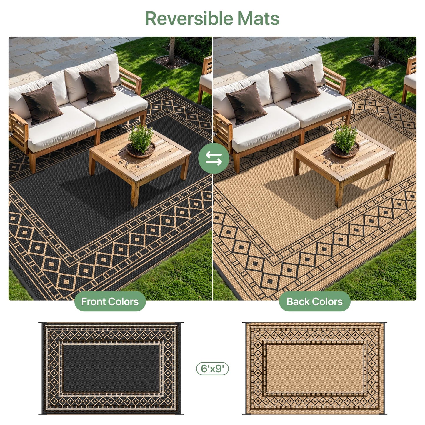 GENIMO 6'x9' Outdoor Rug Waterproof for Patio Decor, Foldable Reversible Plastic Straw Area Rugs Mat for Camper, Outside Carpet for Rv, Deck, Porch, Picnic, Beach, Balcony, Black & Brown