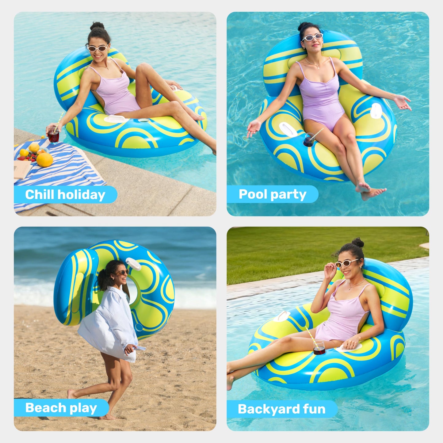 Sloosh Inflatable Pool Float Lounger - River Tube Floating Chair Sofa with Big Backrest, Blow Up Floaties Lake Raft Lounge with Mesh Bottom Handle Cup Holder Pool Party Toys for Adults (Blue Yellow)