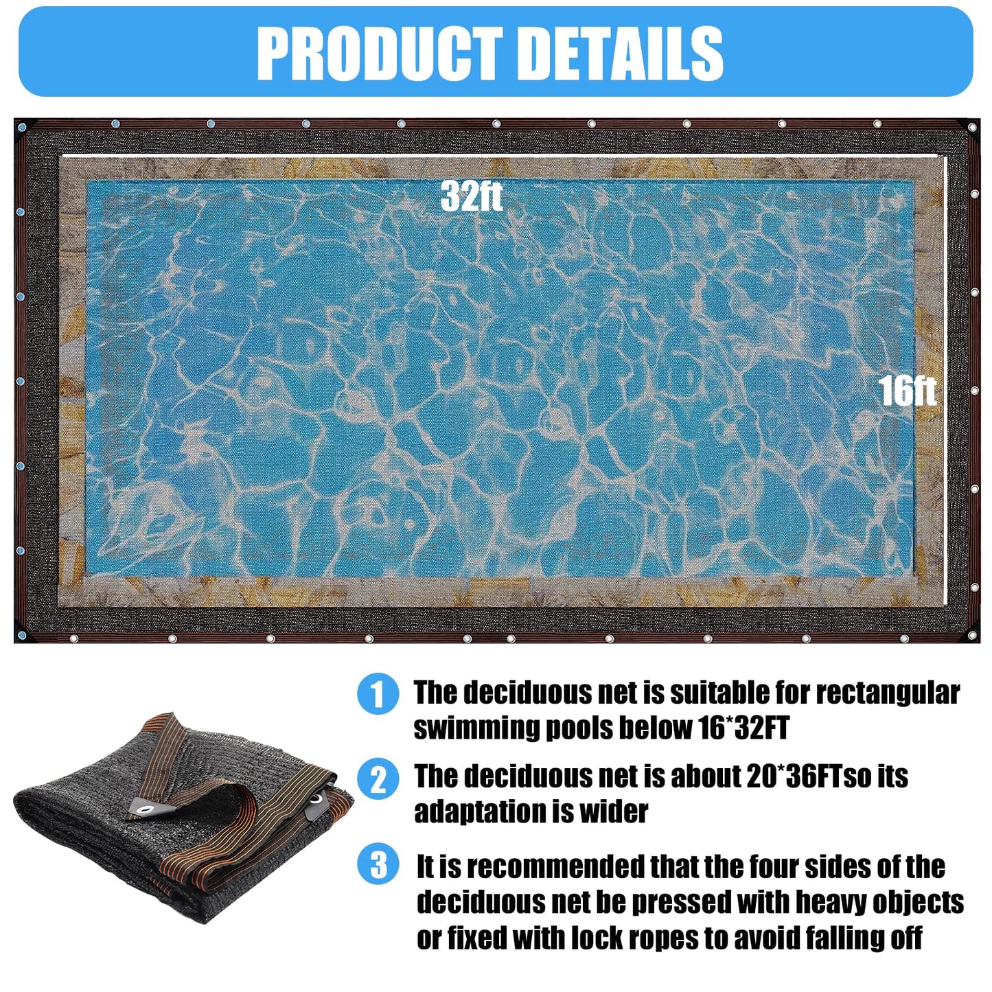 Pool Leaf Net Cover, Fine Mesh Leaf Netting Inground and Above Ground Pools, Pool Screen Cover Pond Net to Keep Leaves Out (16 x 32ft, Black2)