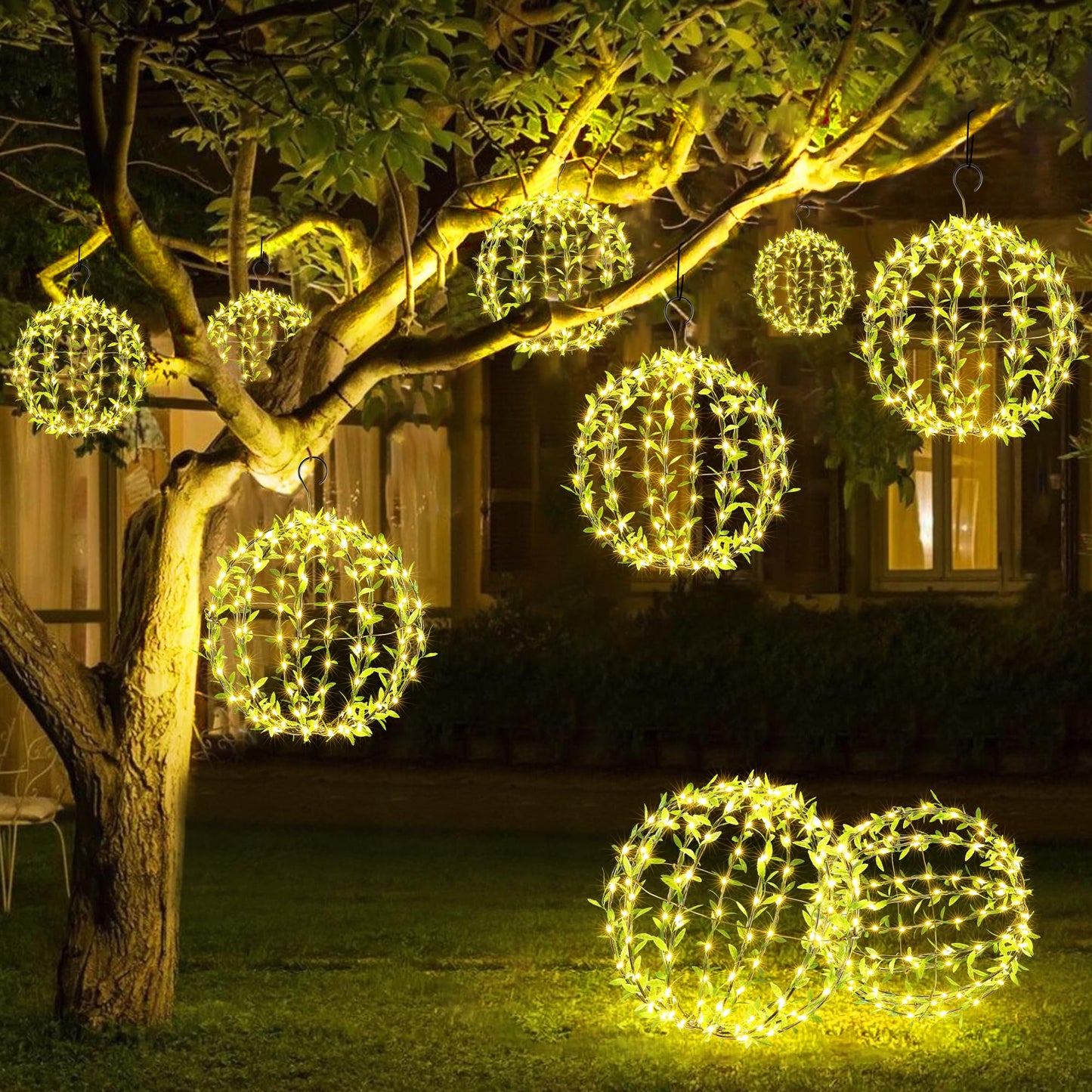 Joomer Solar Hanging Ball Lights Outdoor, 2-Pack 13in + 11in Total 264 LED Solar Globe Lights, 8 Modes Waterproof Metal Sphere Lights with Hooks for Patio Garden Decor - Warm White