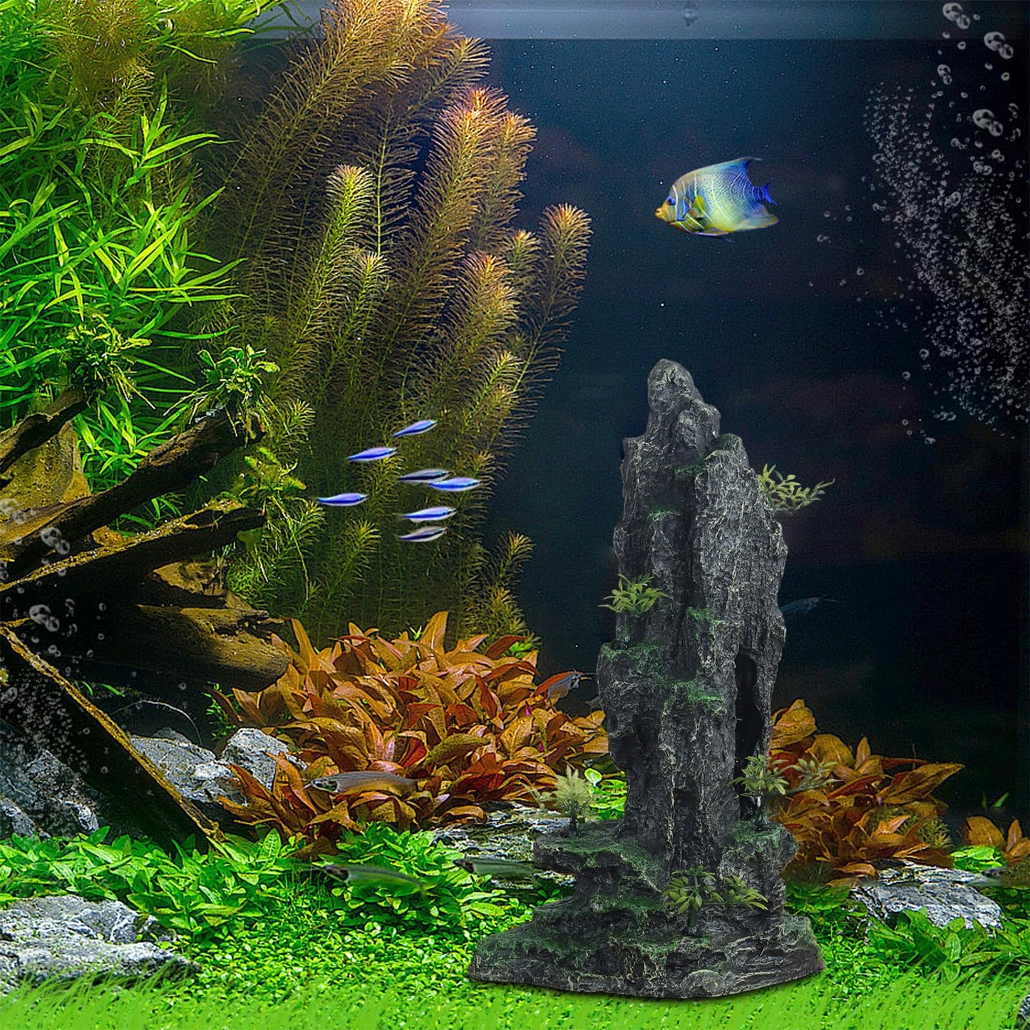 Mairuker Tall Aquarium Decor 14.4inch, Cool Large Fish Tank Decorations Accessories, Resin Mountain View Aquarium Ornament with Tree Hideout Cave, for Fish Shrimp Guppy Play Rest